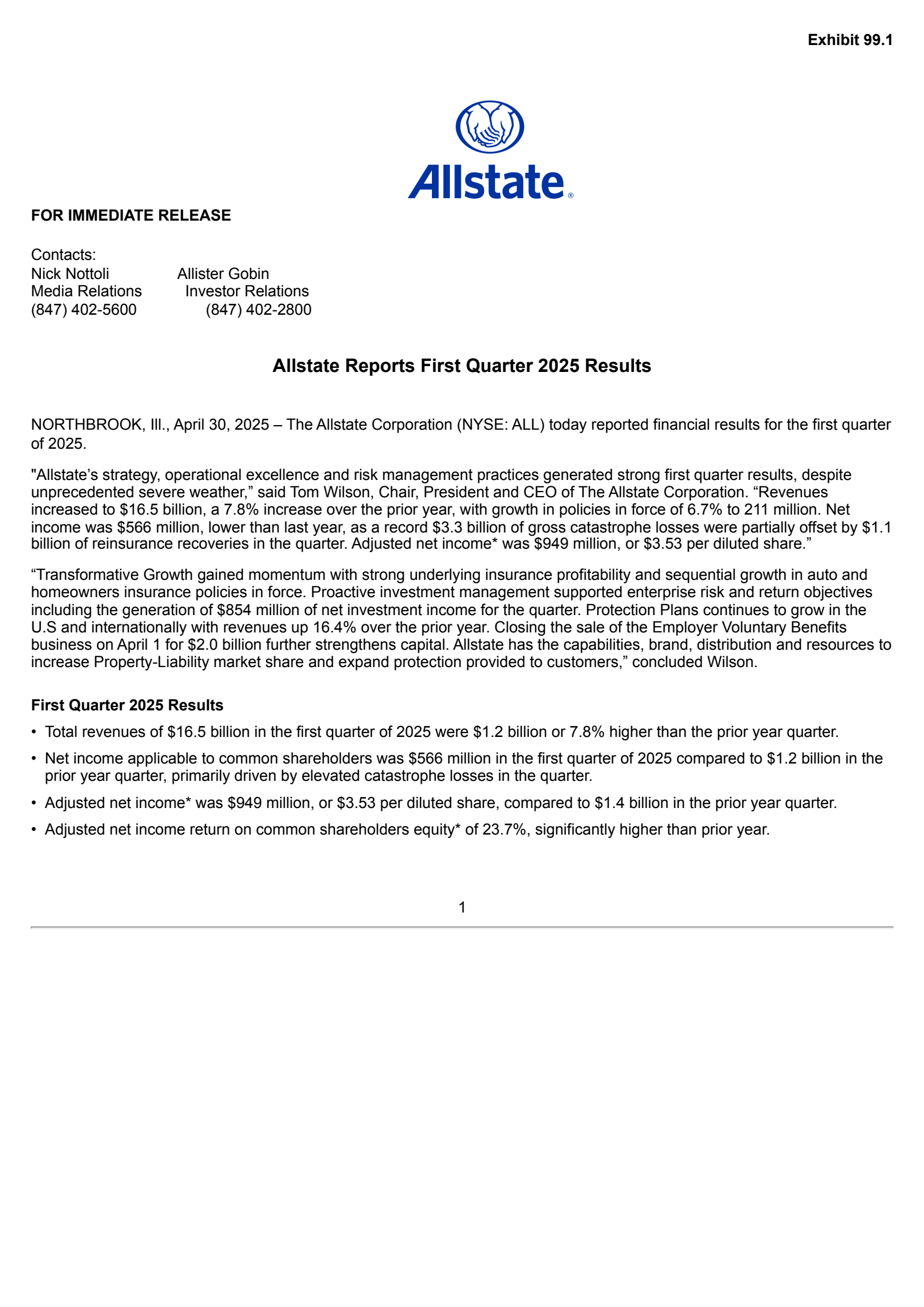 Allstate's Q1 2025 Press Release