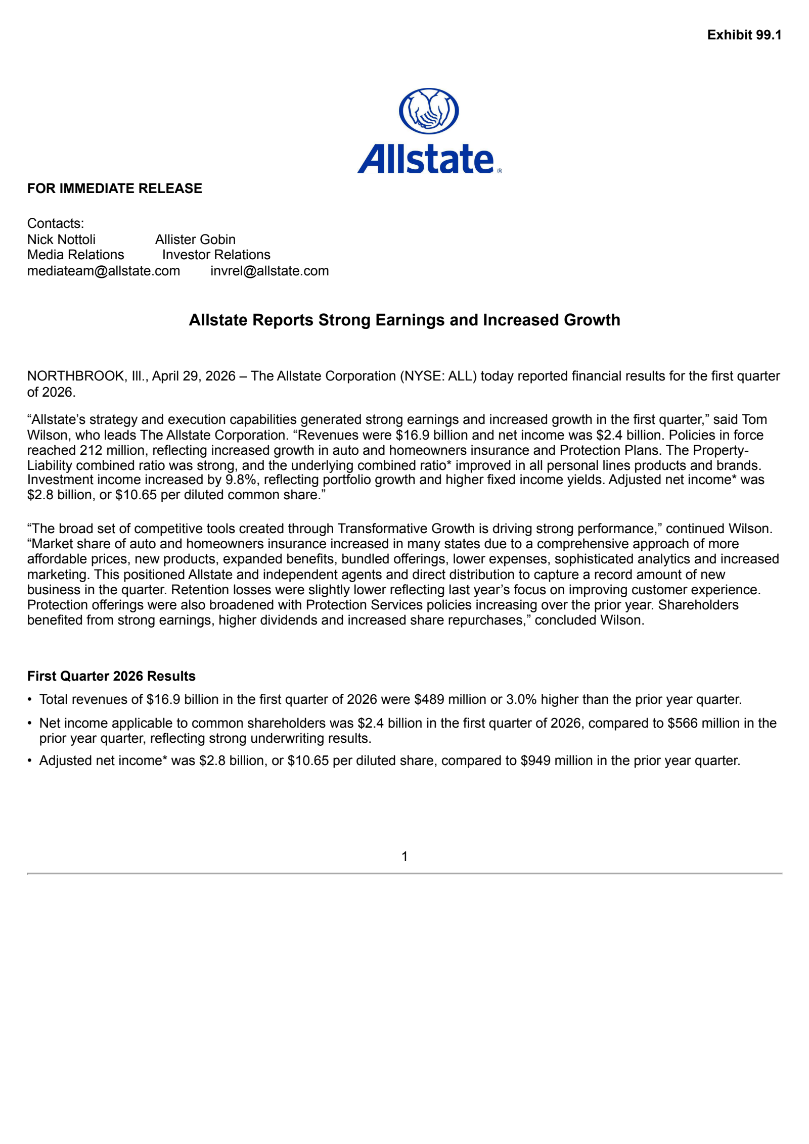 Allstate's Q1 2026 Press Release