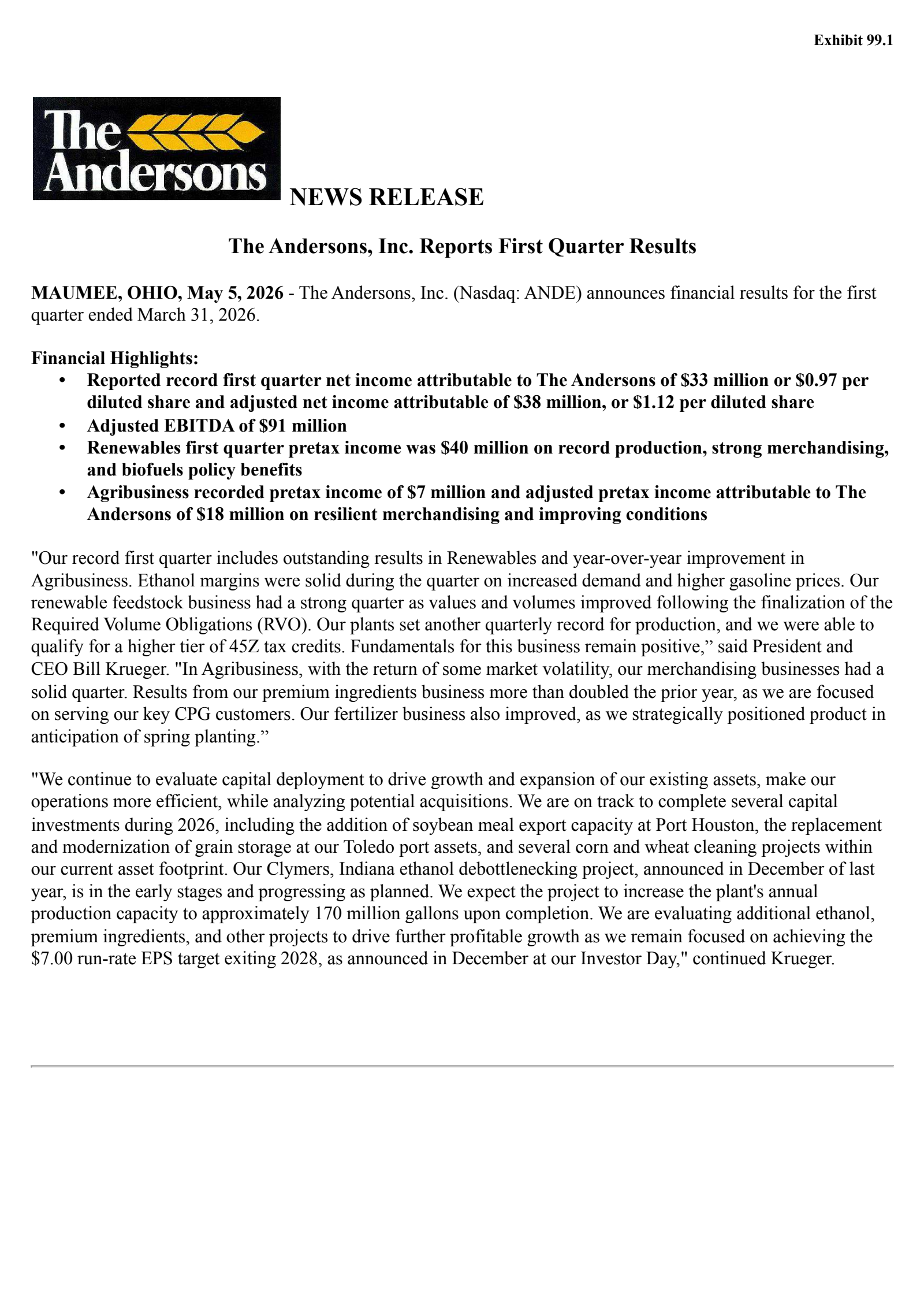 Andersons' Q1 2026 Press Release