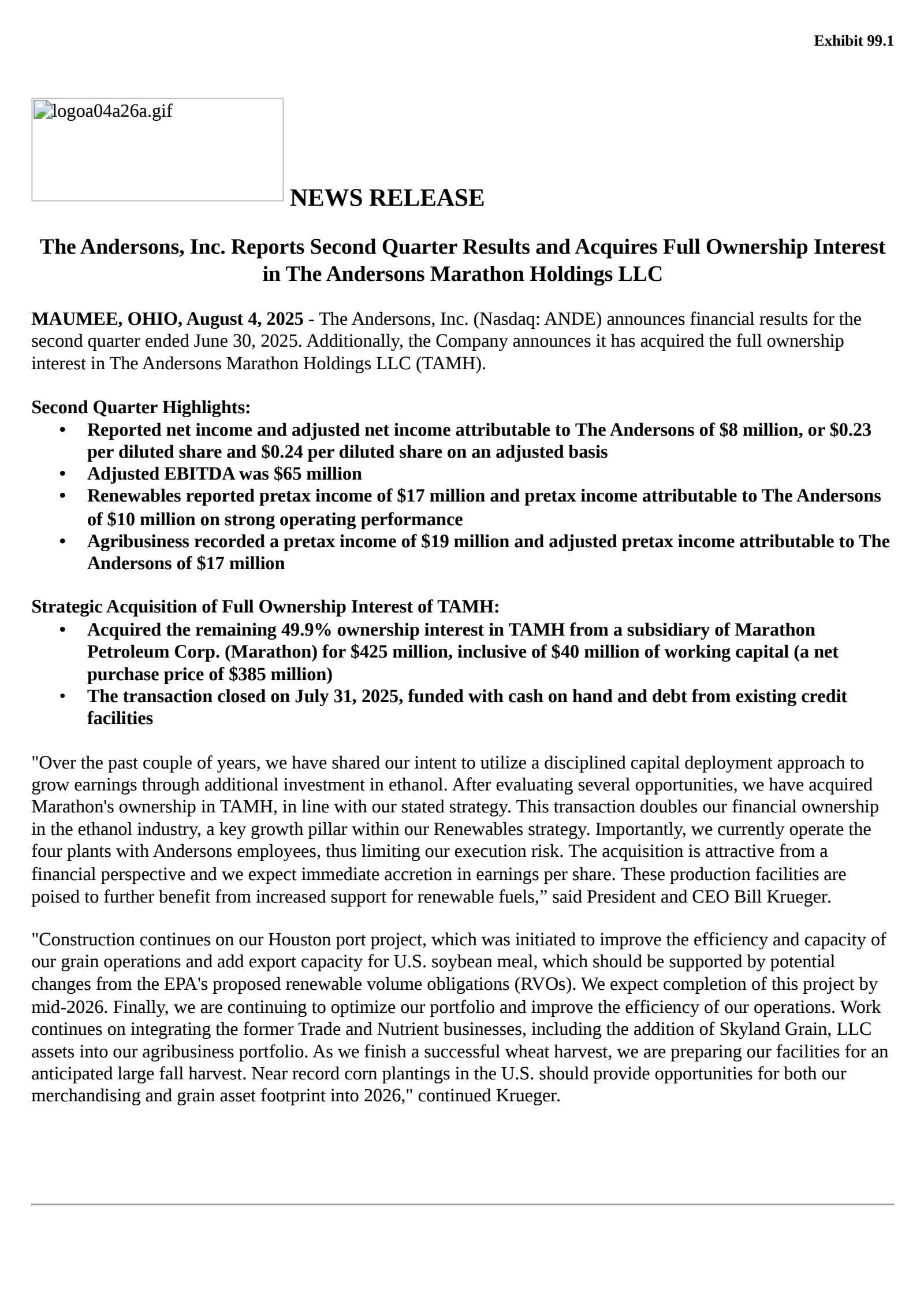 Andersons' Q2 2025 Press Release