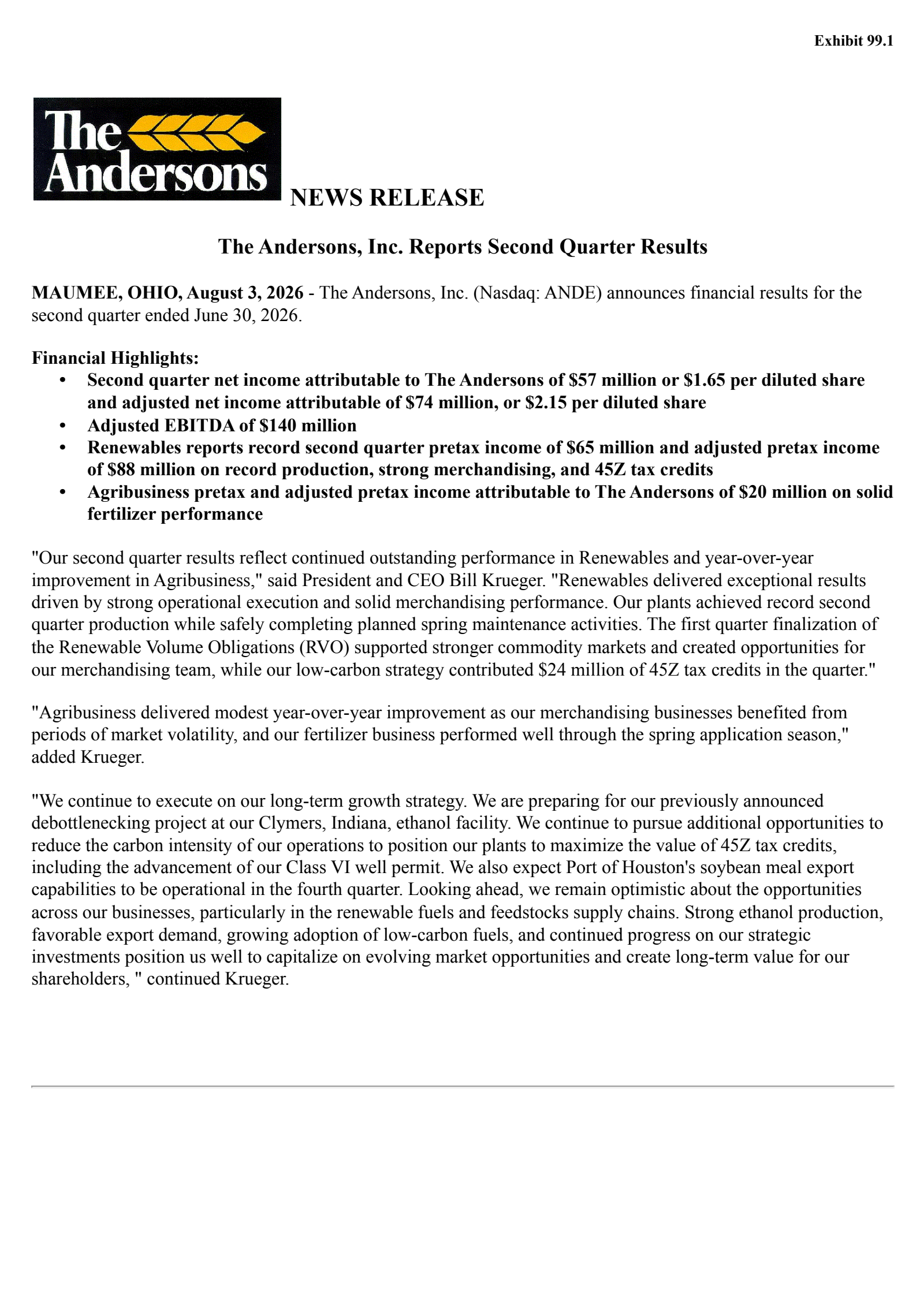 Andersons' Q2 2026 Press Release