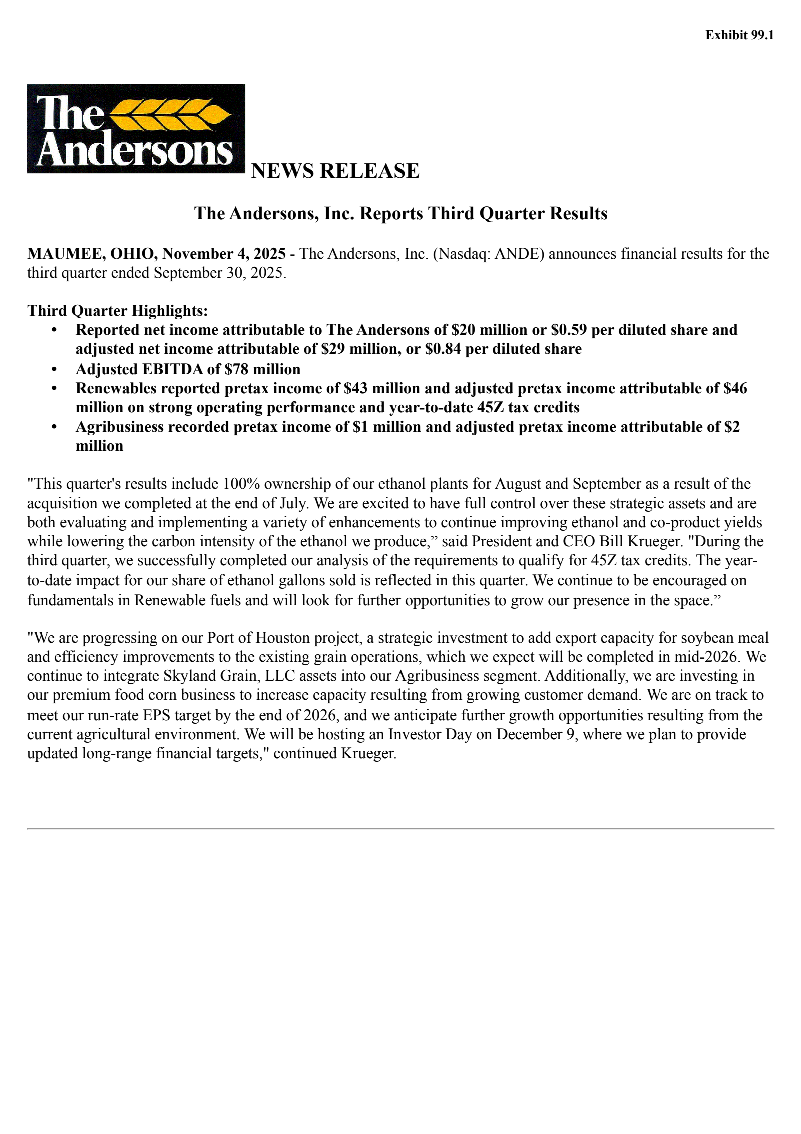 Andersons' Q3 2025 Earnings Release