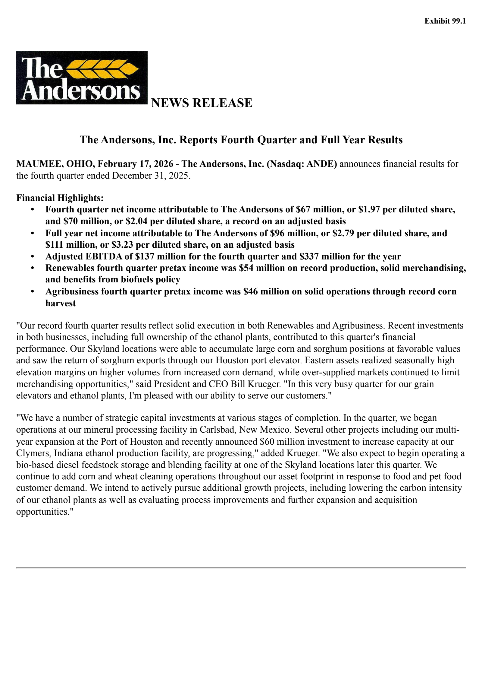 Andersons' Q4 2025 Press Release