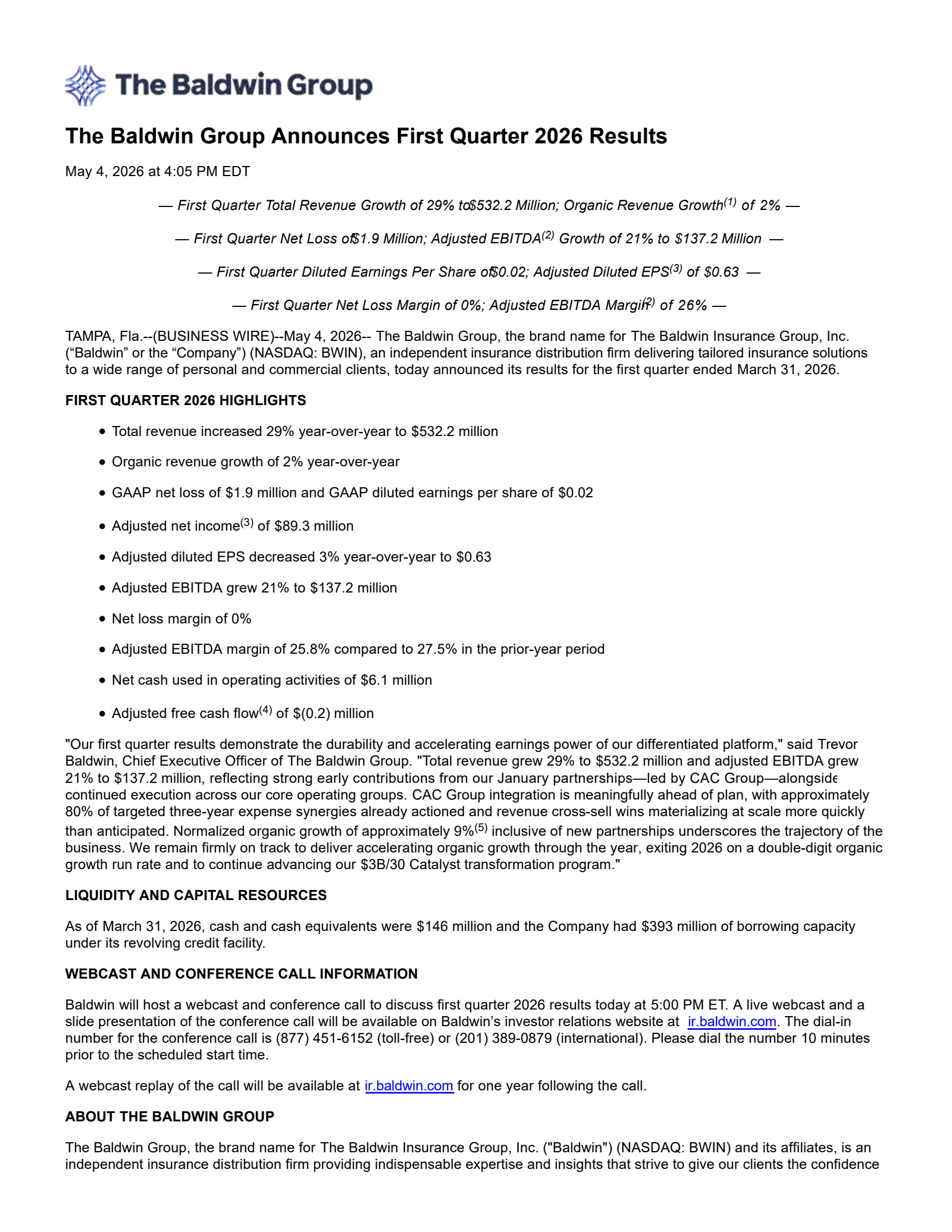 Baldwin Insurance Group's Q1 2026 Press Release