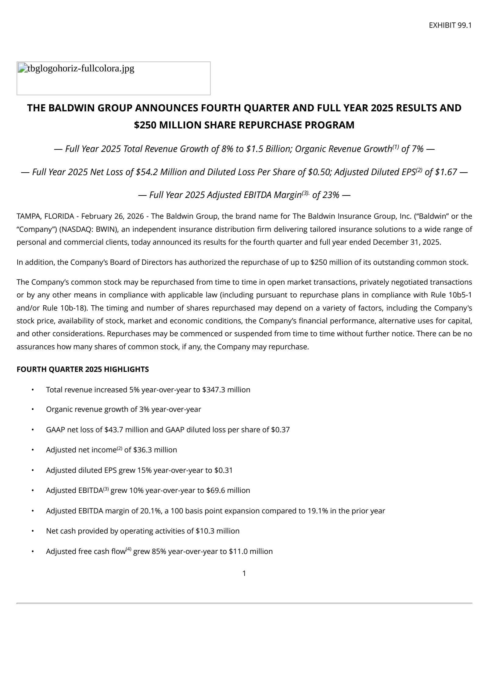 Baldwin Insurance Group's Q4 2025 Press Release