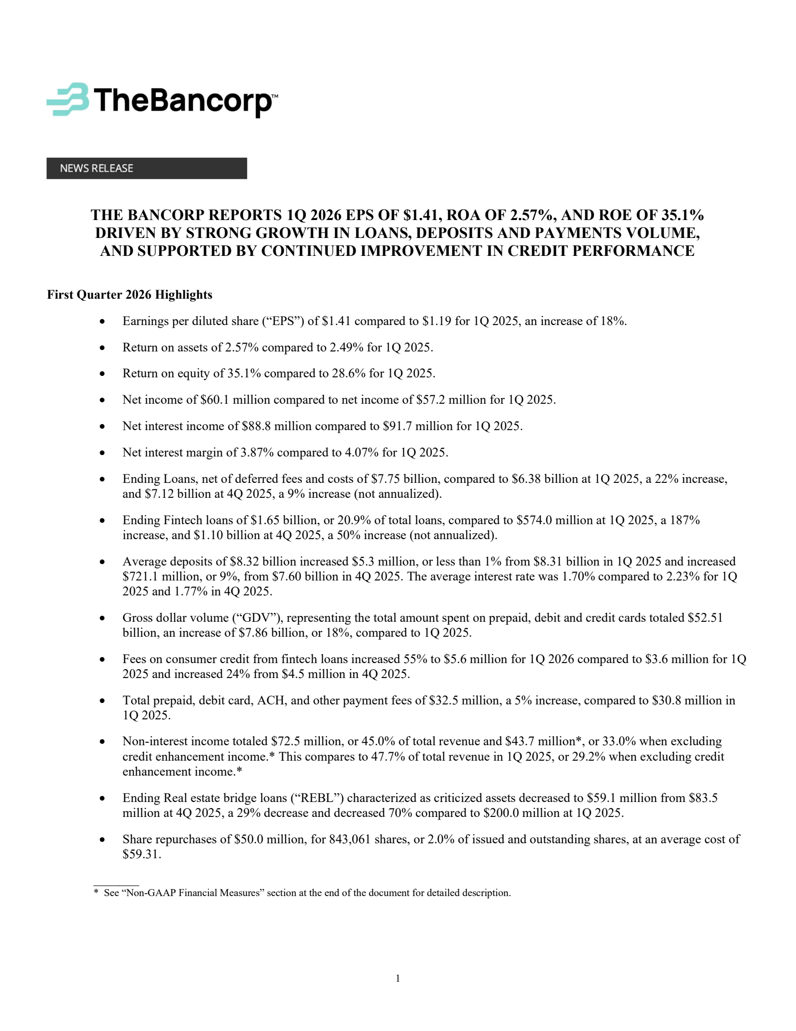 Bancorp's Q1 2026 Press Release