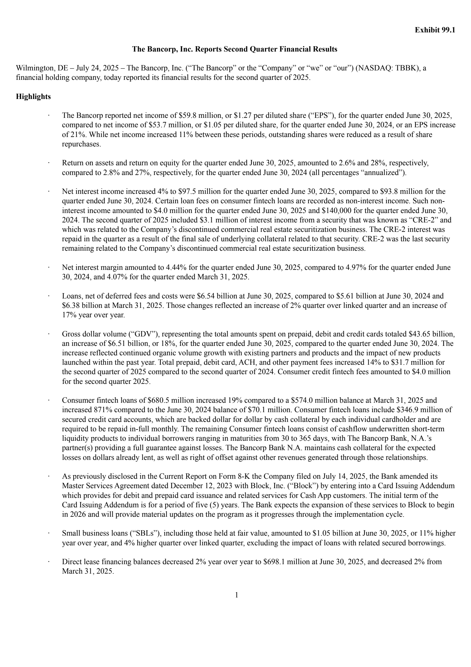 Bancorp's Q2 2025 Press Release