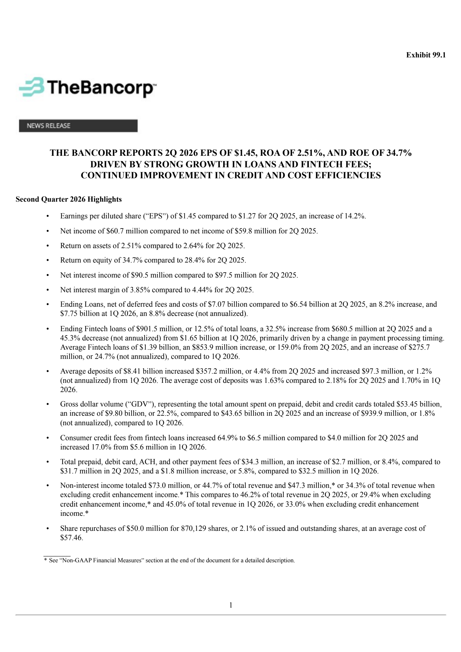 Bancorp's Q2 2026 Press Release
