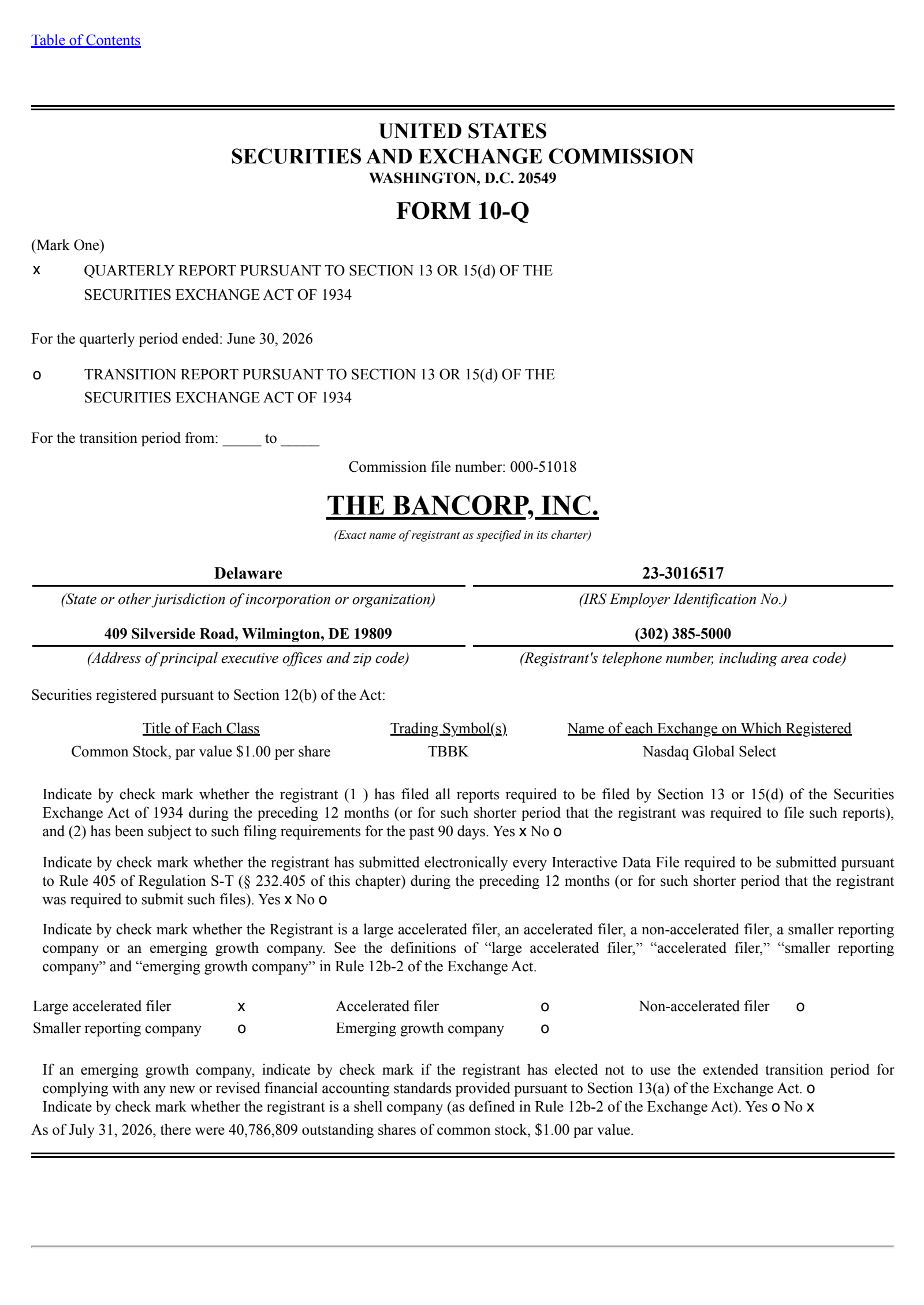 Bancorp's Q2 2026 Quarterly report