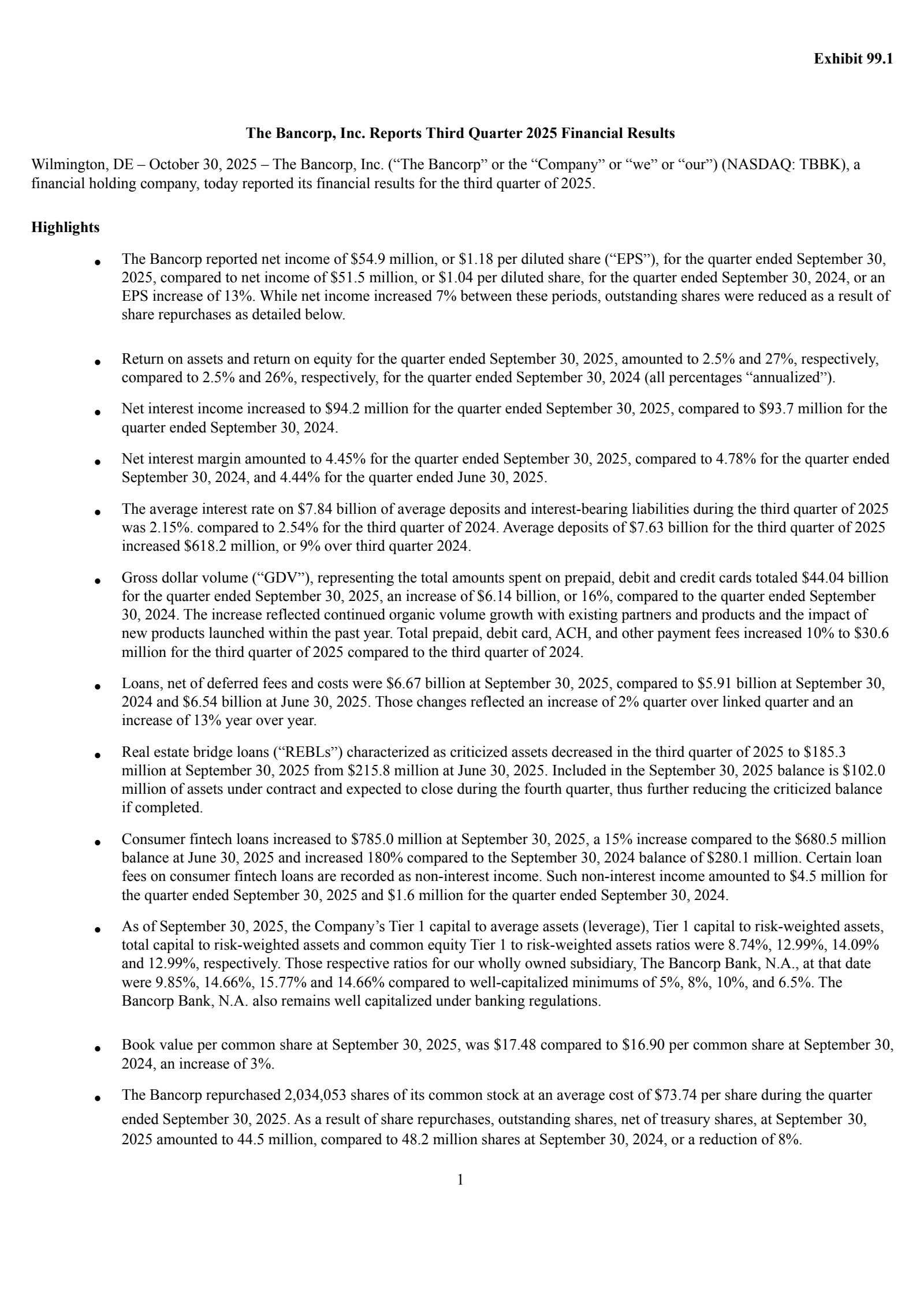 Bancorp's Q3 2025 Earnings Release