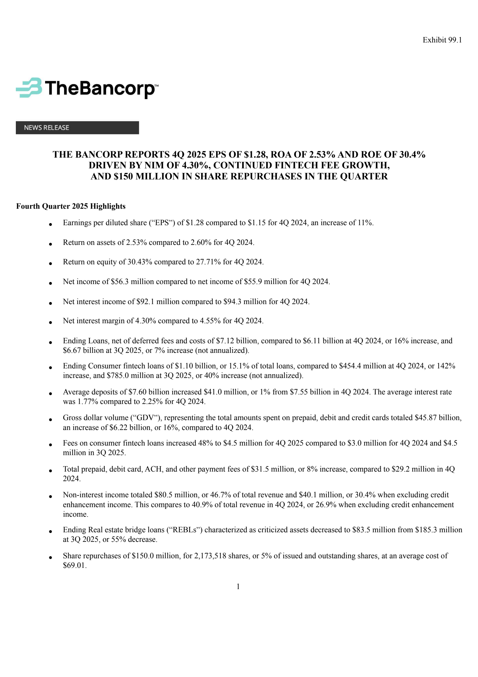 Bancorp's Q4 2025 Press Release