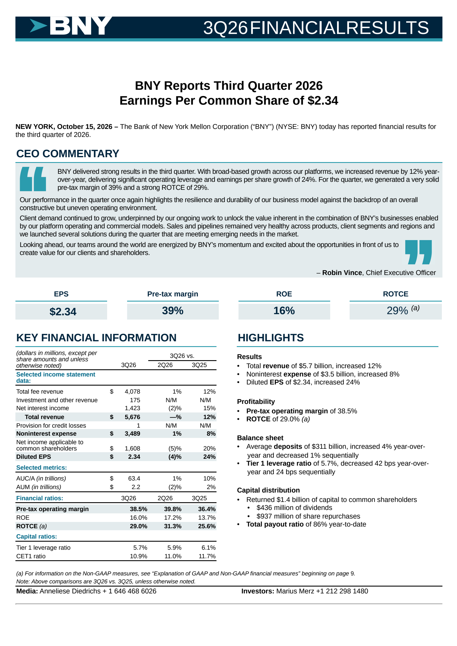 Bank of New York Mellon's Q3 2026 Press Release