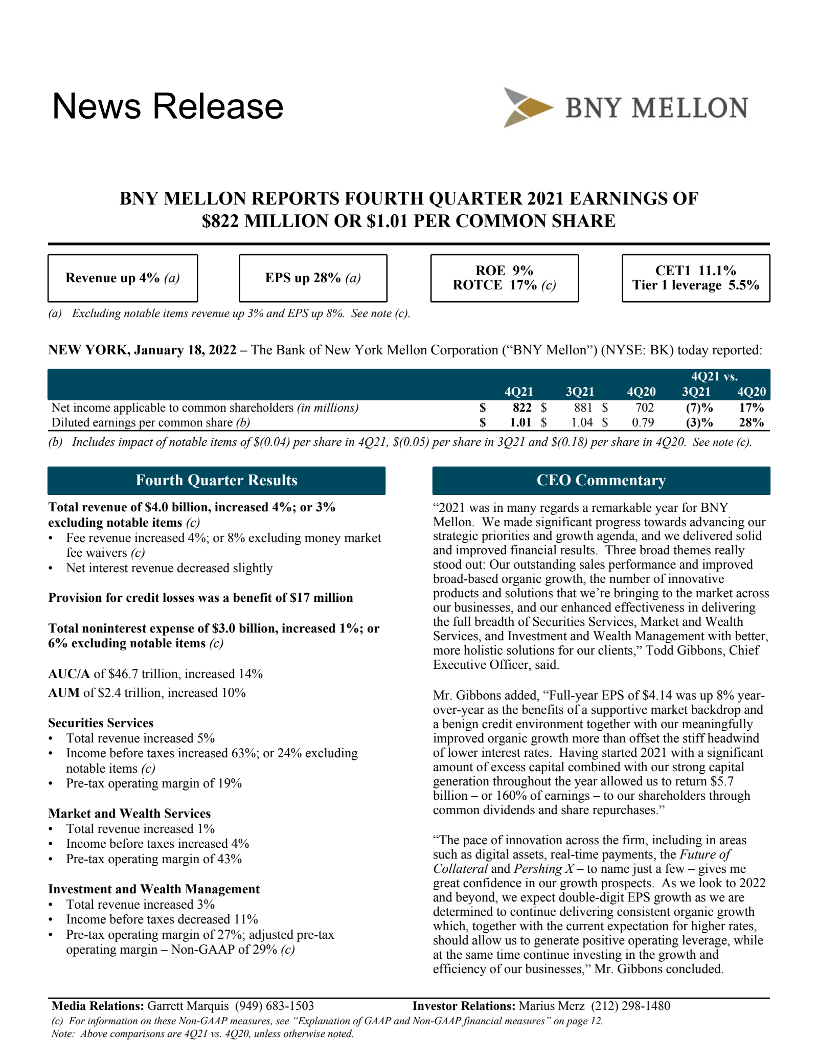 Bank of New York Mellon's Q4 2021 Press Release