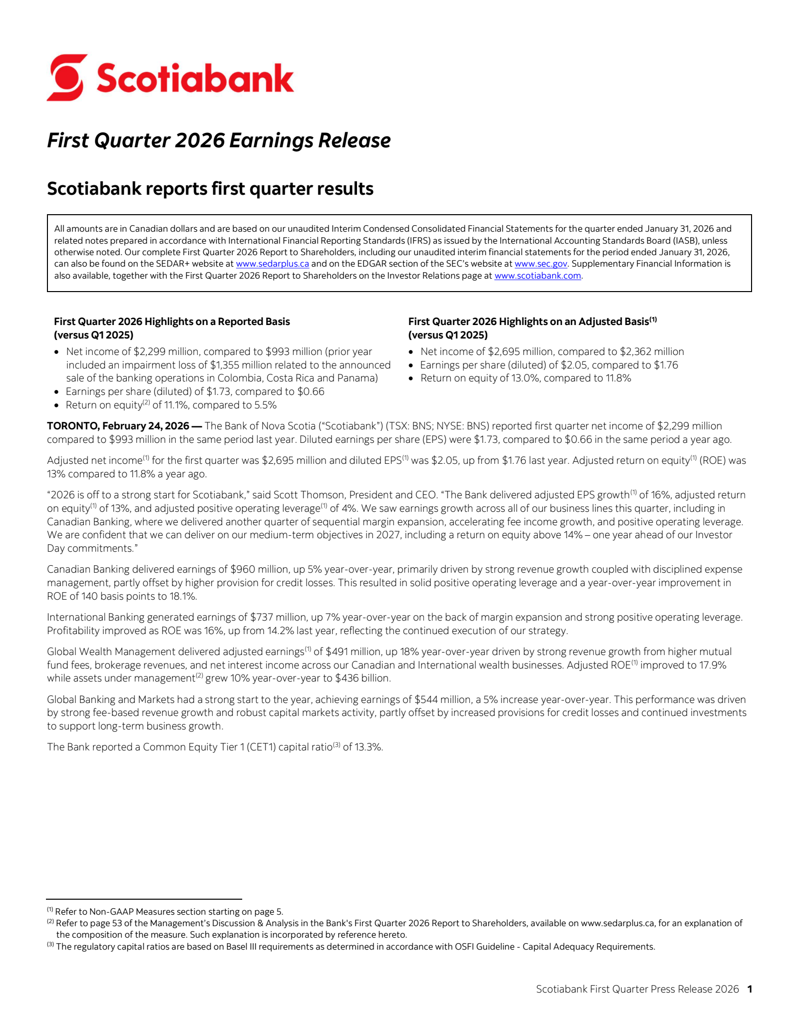 Bank of Nova Scotia's Q1 2026 Press Release