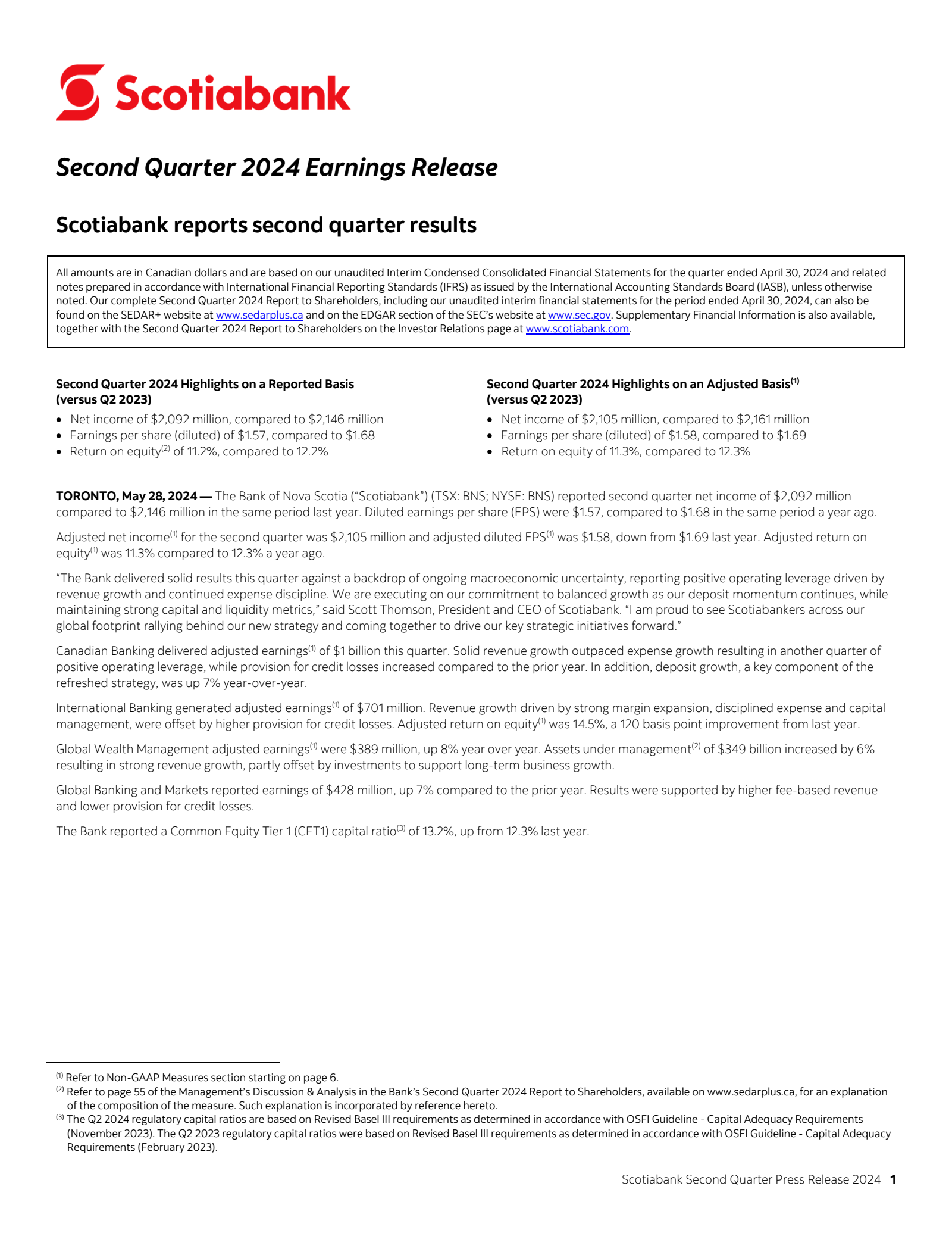 Bank of Nova Scotia's Q2 2024 Press Release