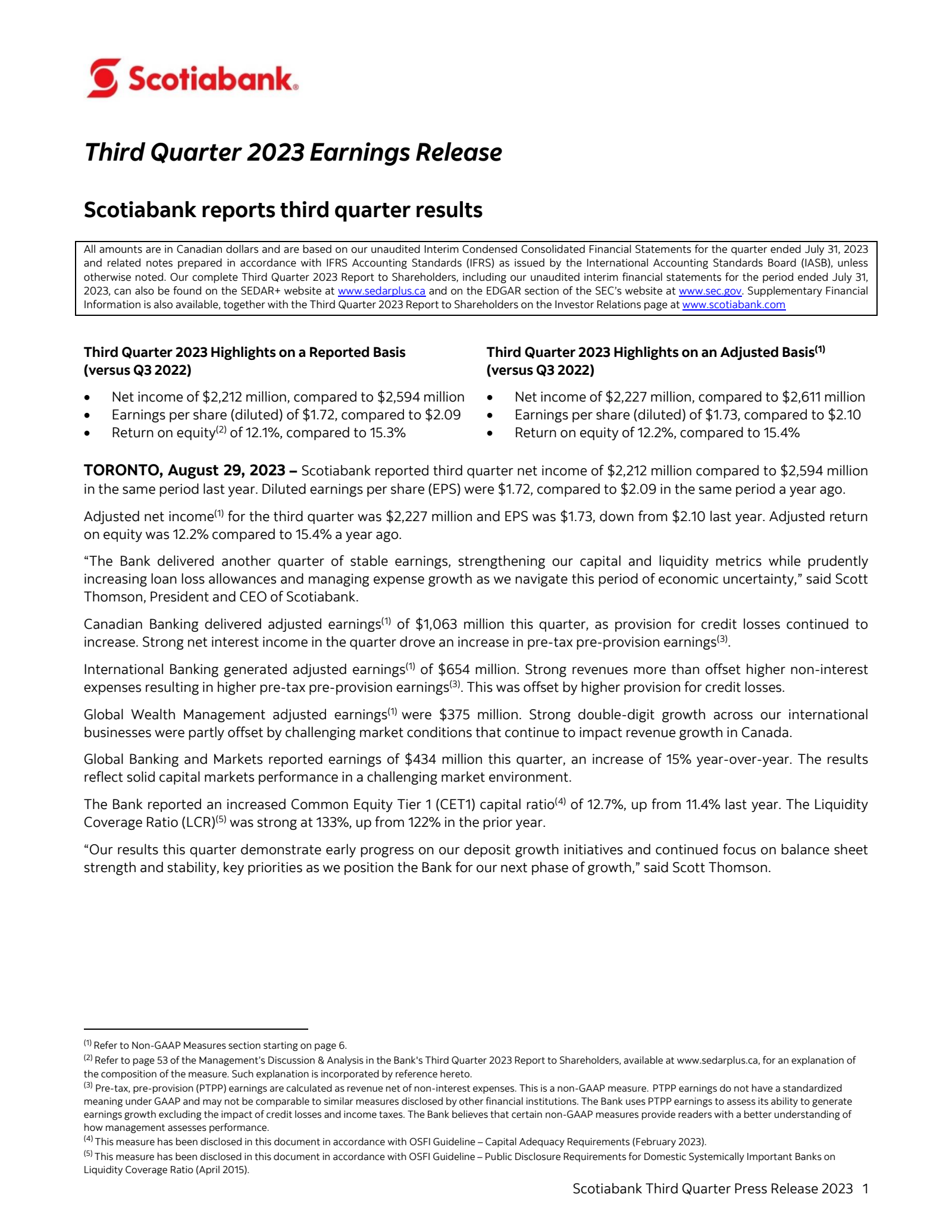 Bank of Nova Scotia's Q3 2023 Press Release