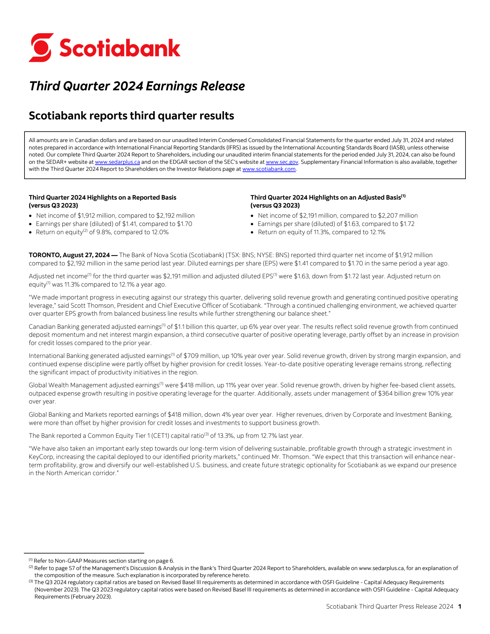 Bank of Nova Scotia's Q3 2024 Press Release