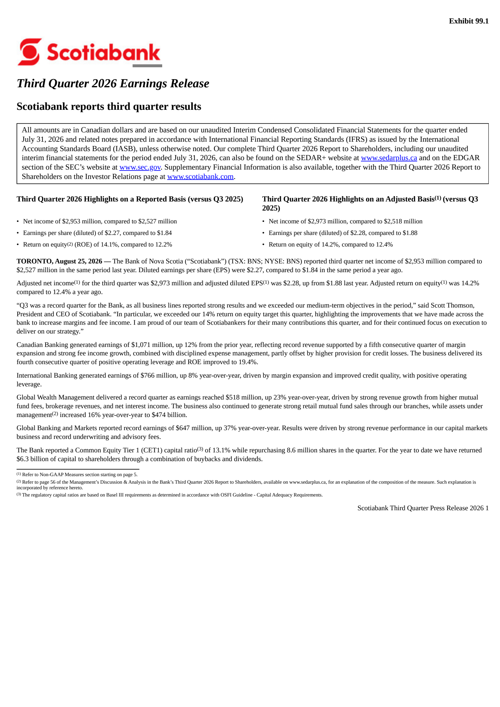 Bank of Nova Scotia's Q3 2026 Press Release