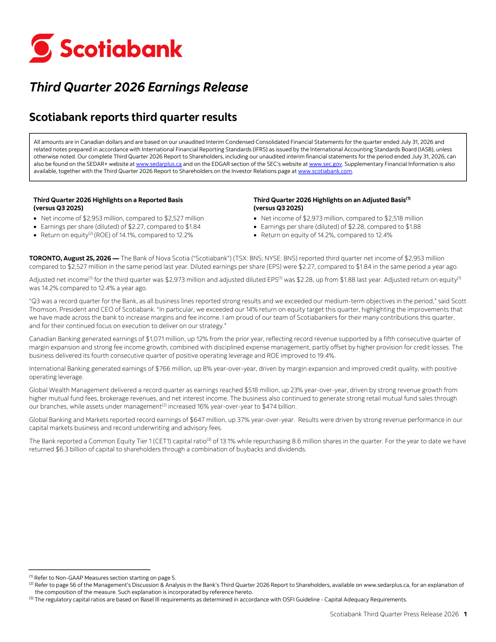 Bank of Nova Scotia's Q3 2026 Press Release