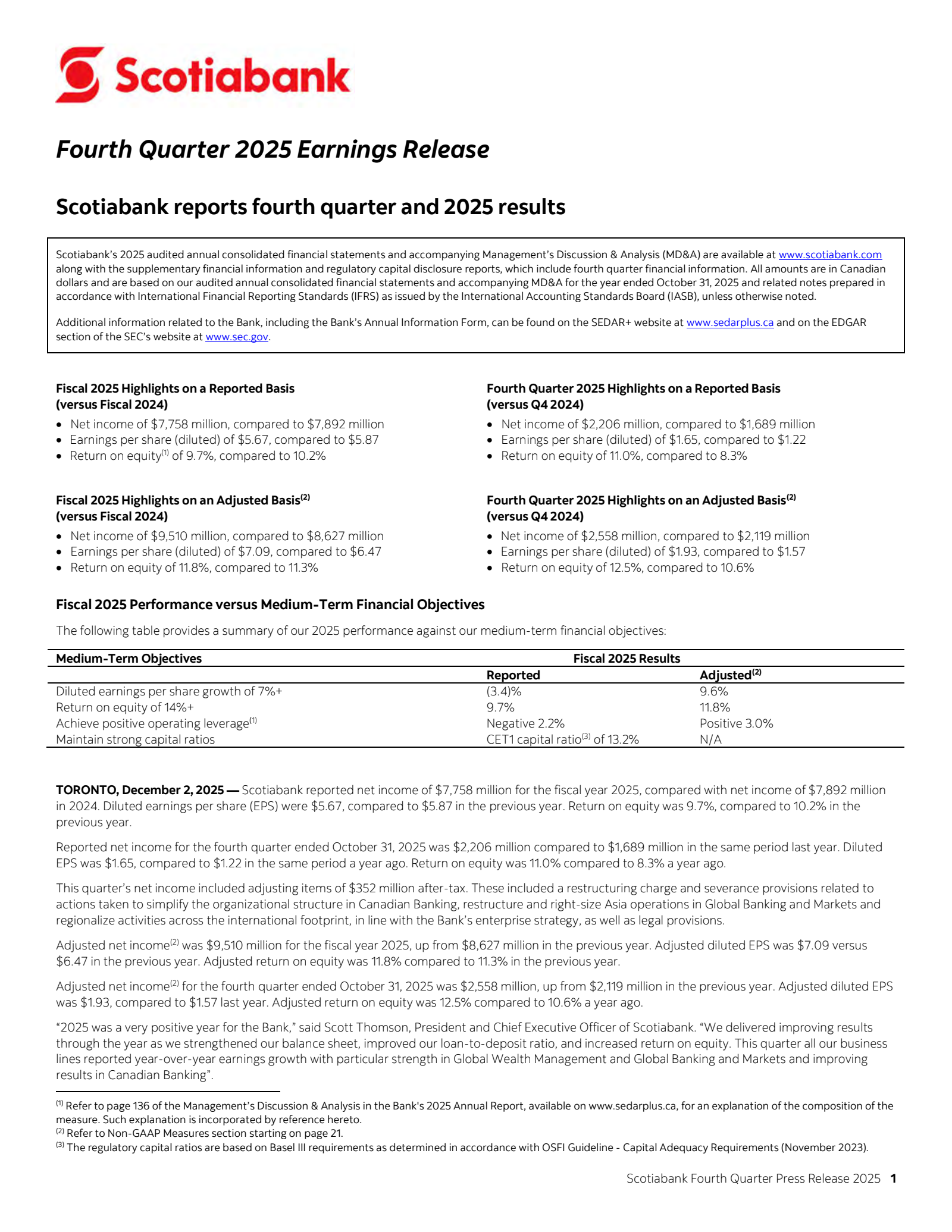 Bank of Nova Scotia's Q4 2025 Press Release