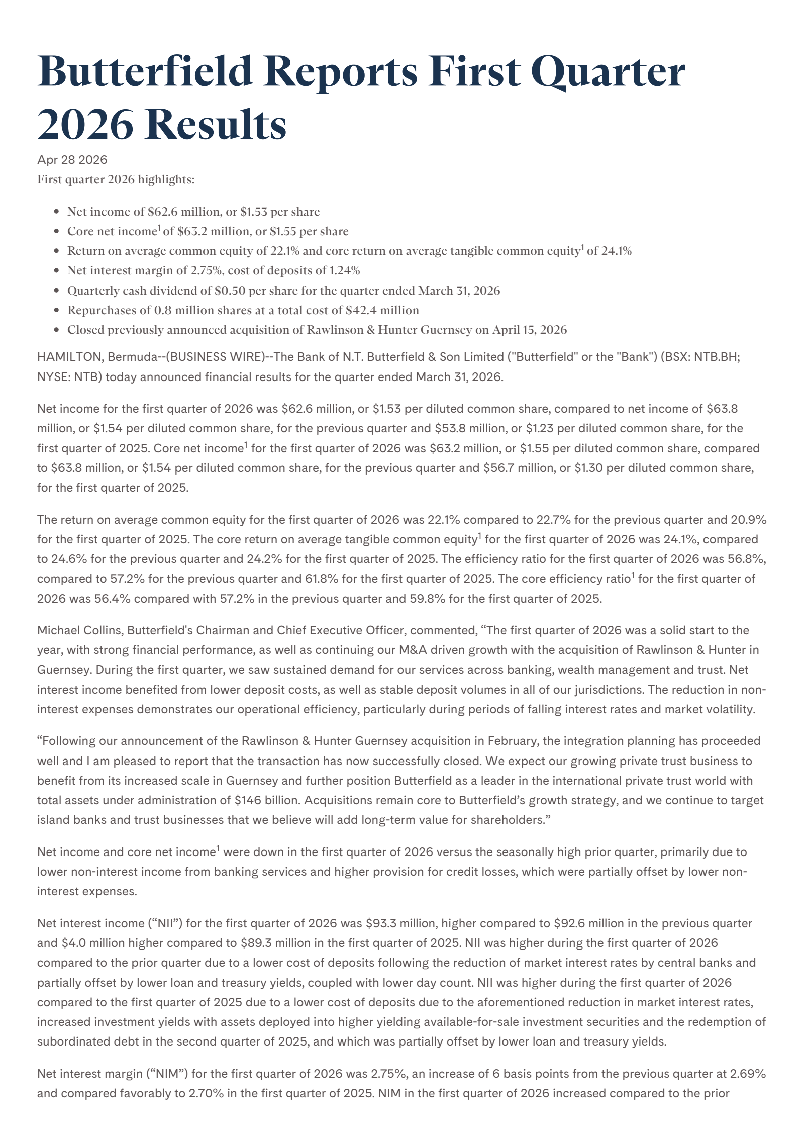 Bank of N.T. Butterfield & Son's Q1 2026 Press Release