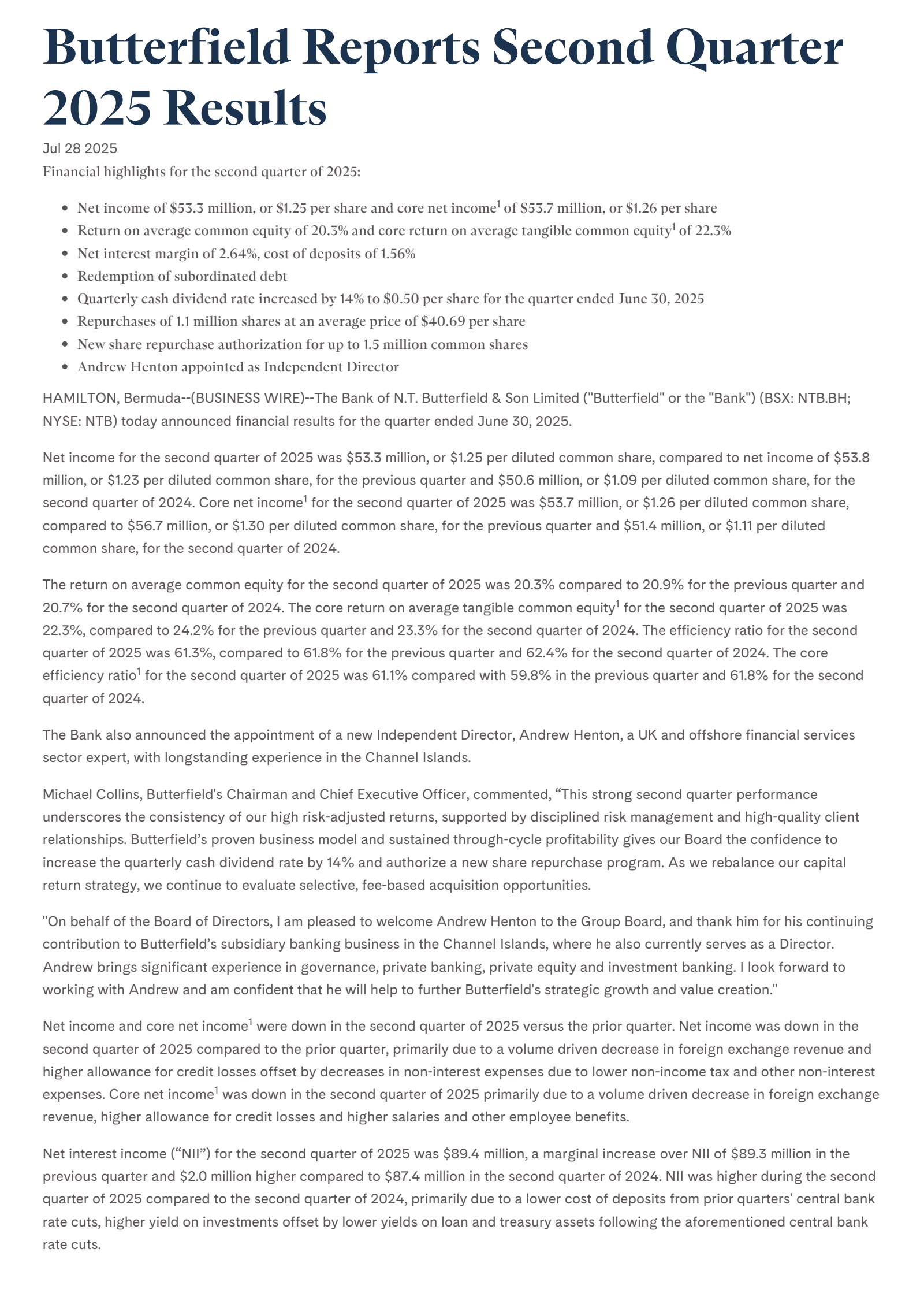 Bank of N.T. Butterfield & Son's Q2 2025 Press Release
