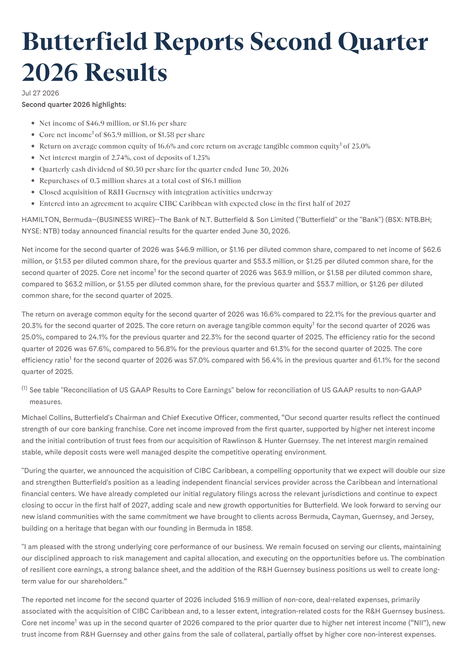 Bank of N.T. Butterfield & Son's Q2 2026 Press Release
