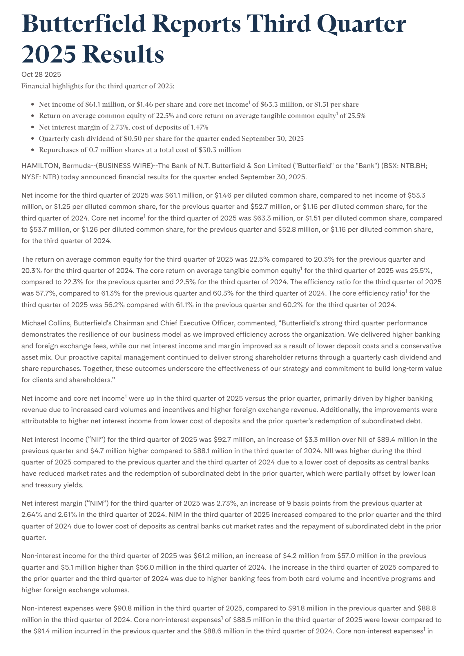Bank of N.T. Butterfield & Son's Q3 2025 Earnings Release