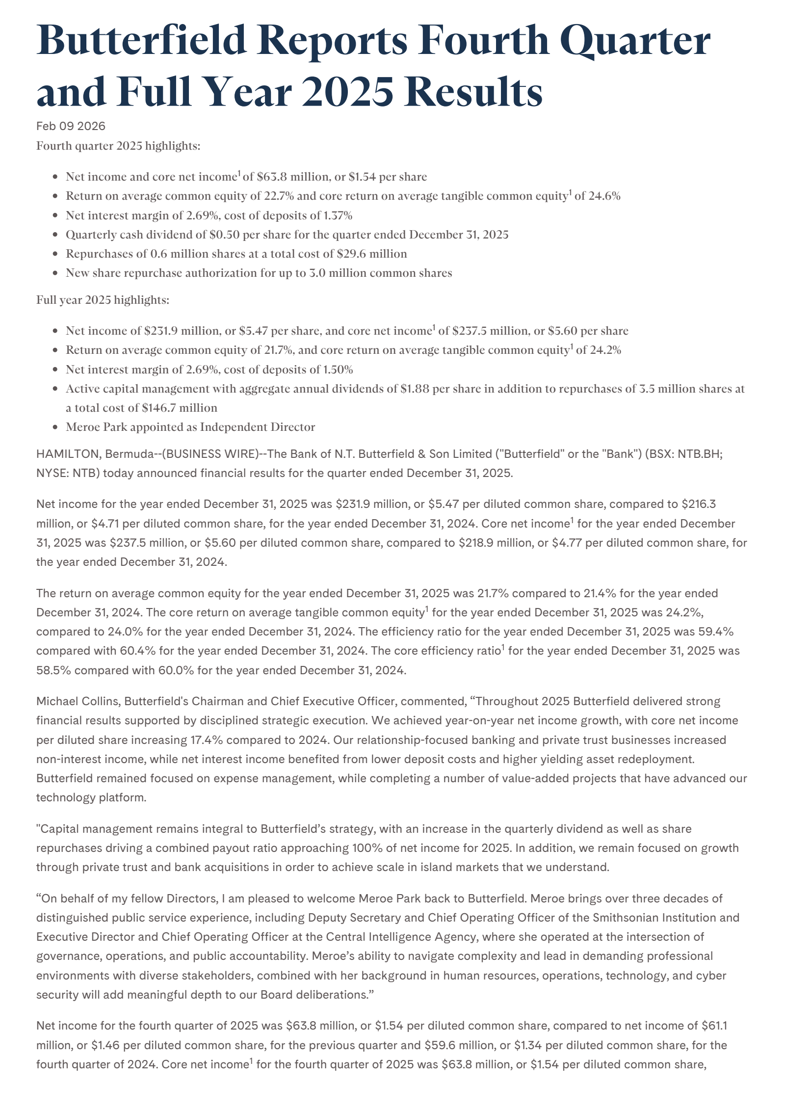 Bank of N.T. Butterfield & Son's Q4 2025 Press Release