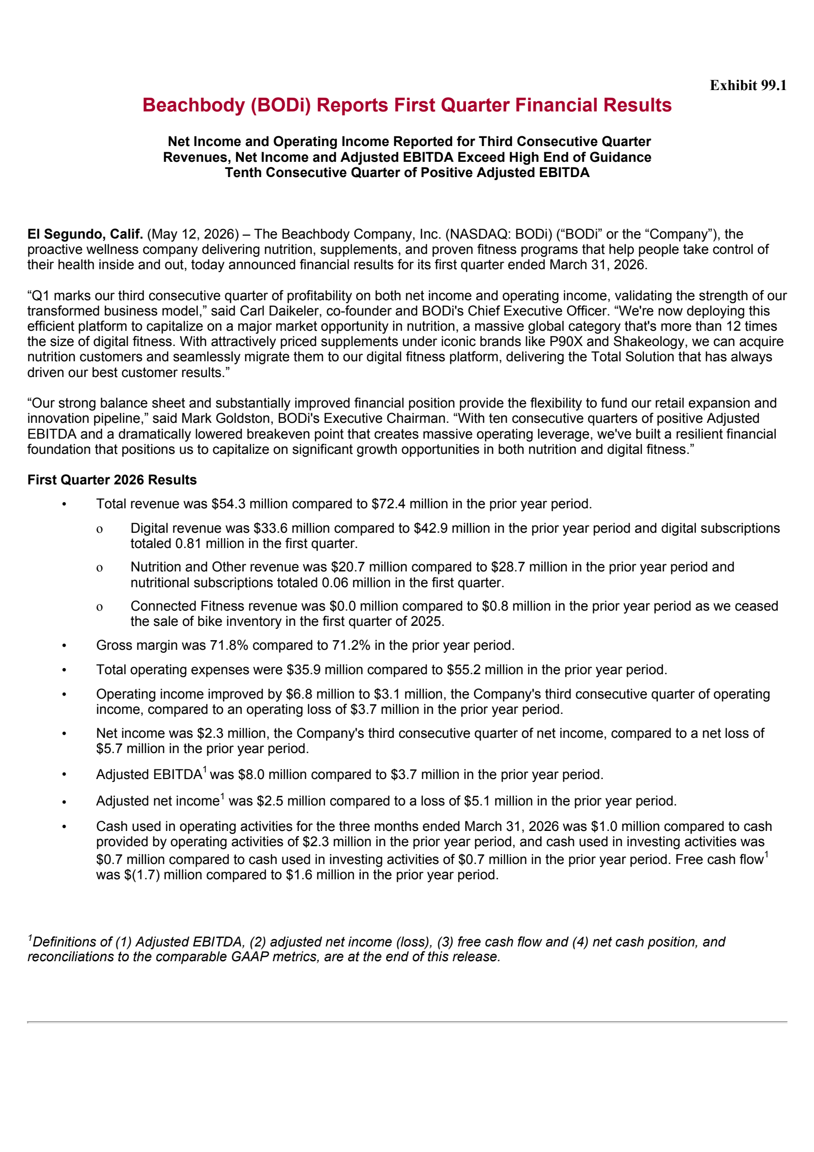 Beachbody's Q1 2026 Press Release
