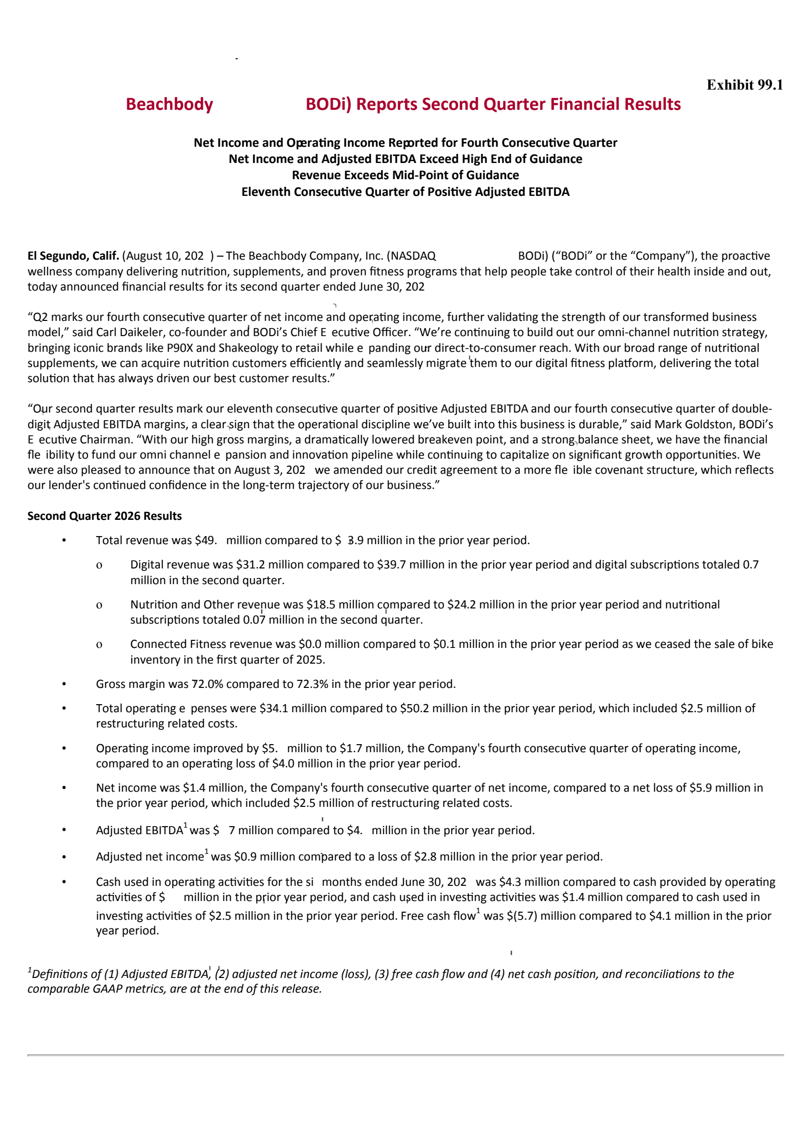 Beachbody's Q2 2026 Press Release