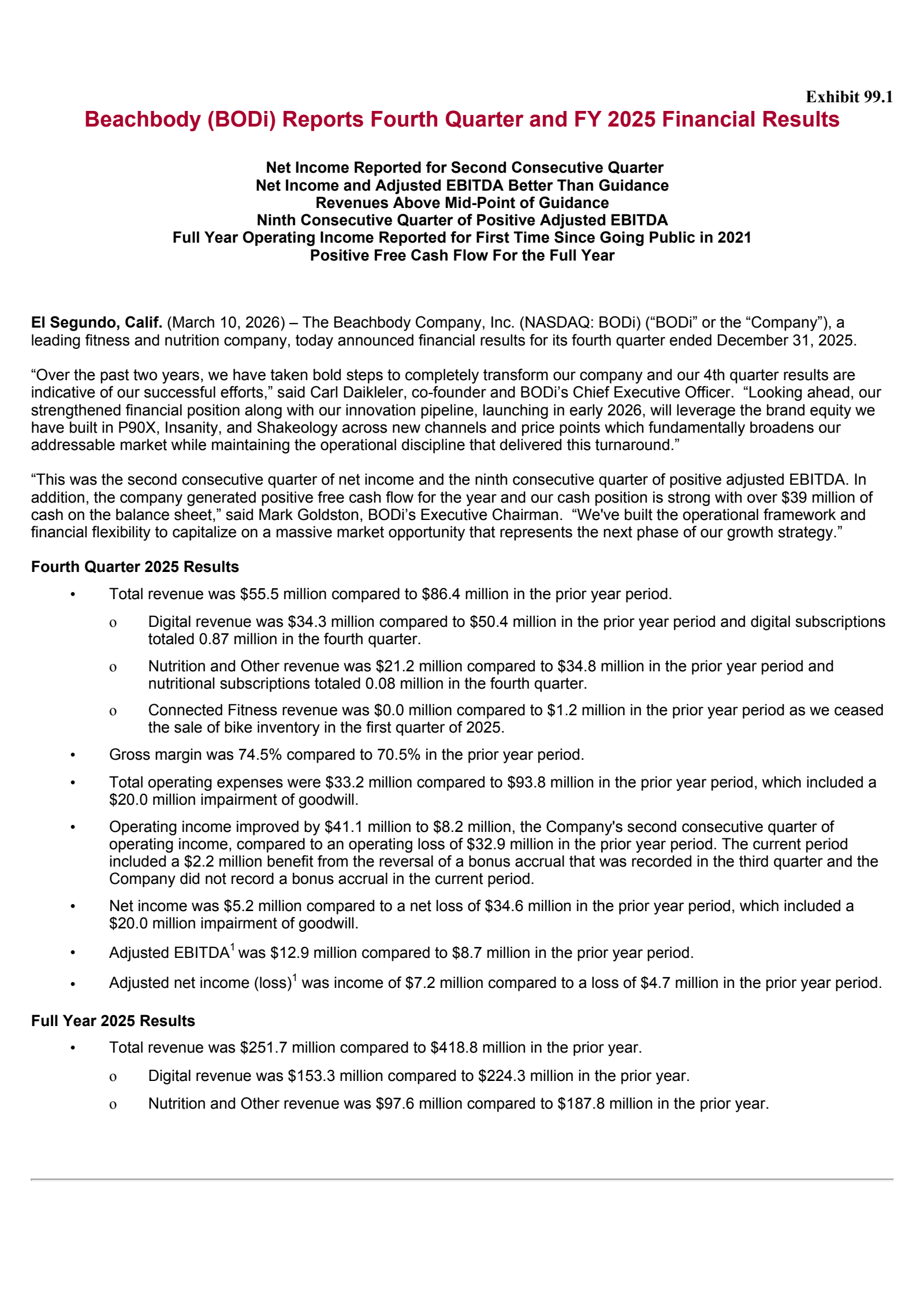 Beachbody's Q4 2025 Press Release