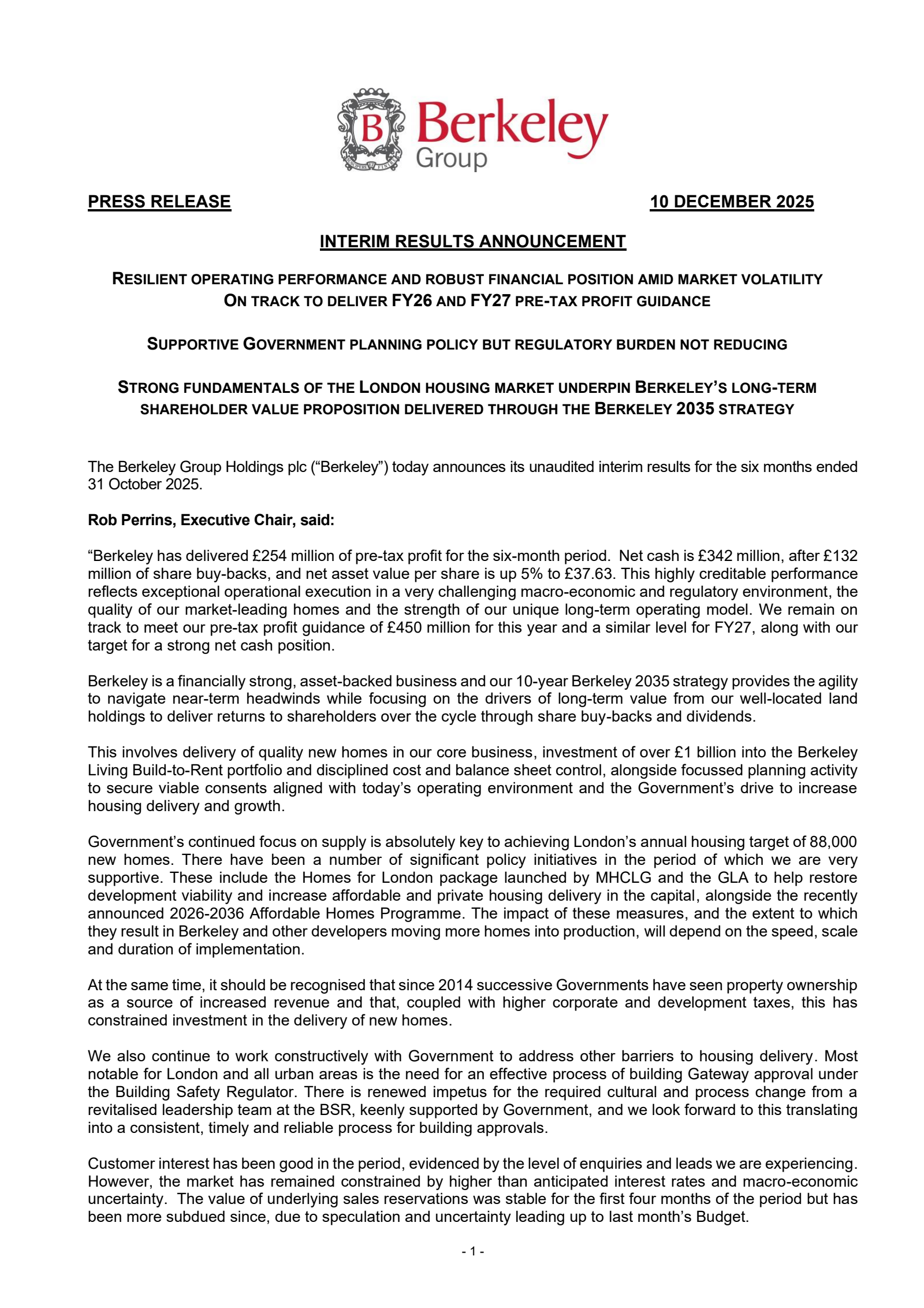 The Berkeley Group's H1 2026 Interim Report