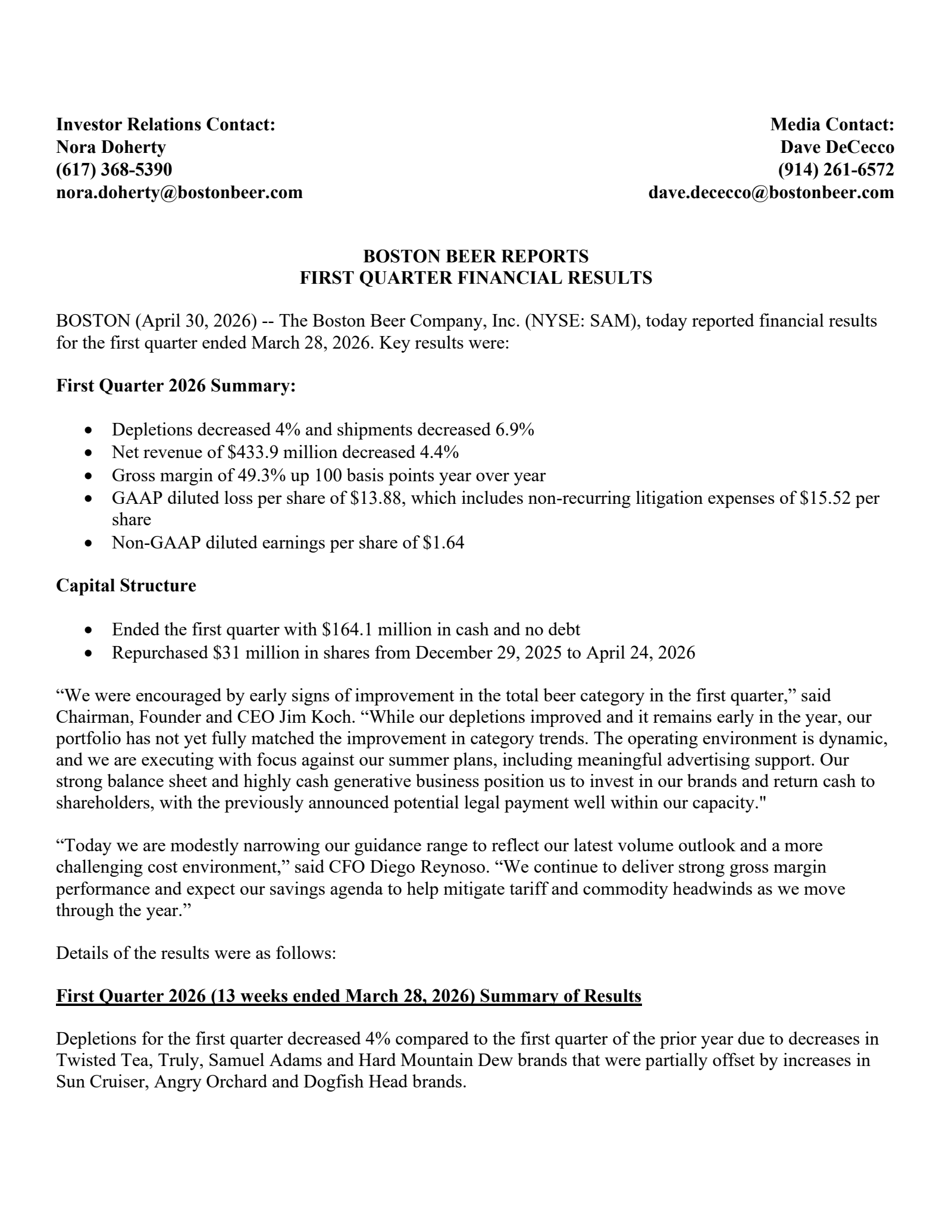 Boston Beer's Q1 2026 Press Release