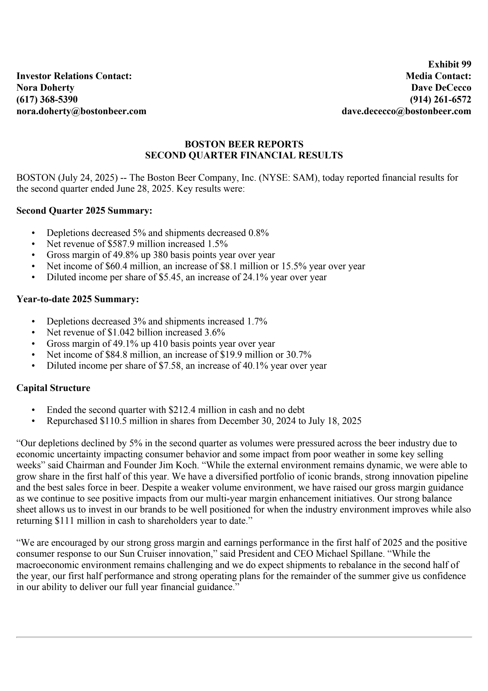 Boston Beer's Q2 2025 Press Release