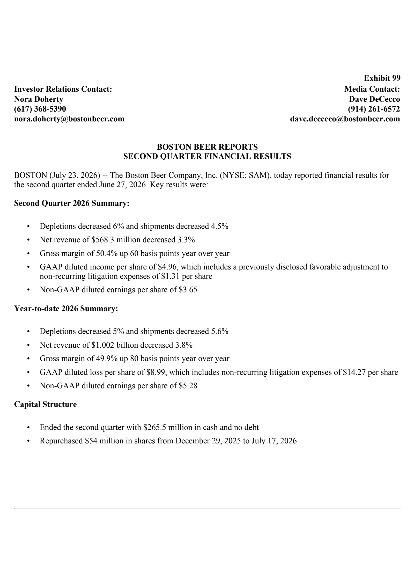 Boston Beer's Q2 2026 Press Release