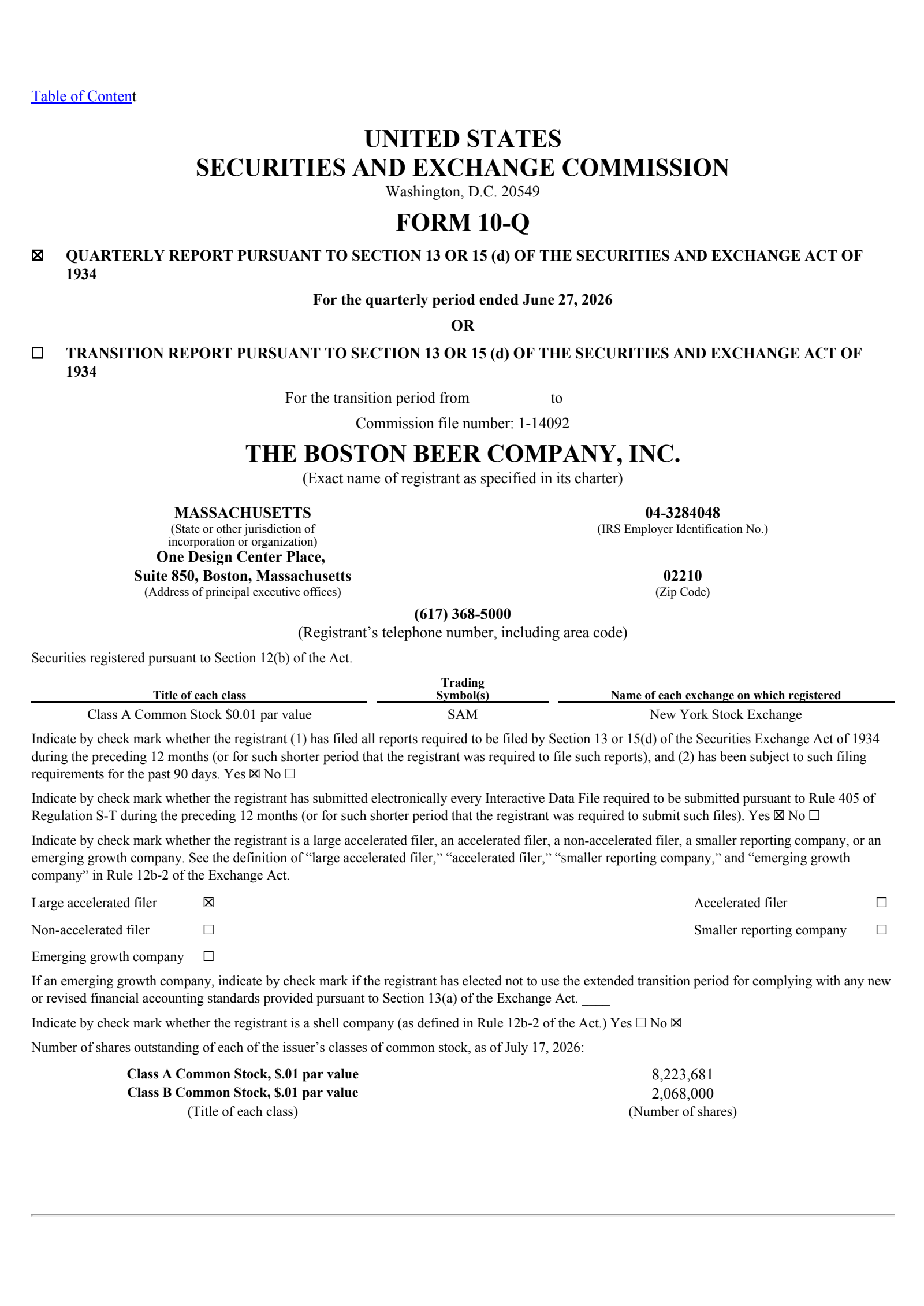 Boston Beer's Q2 2026 Quarterly report