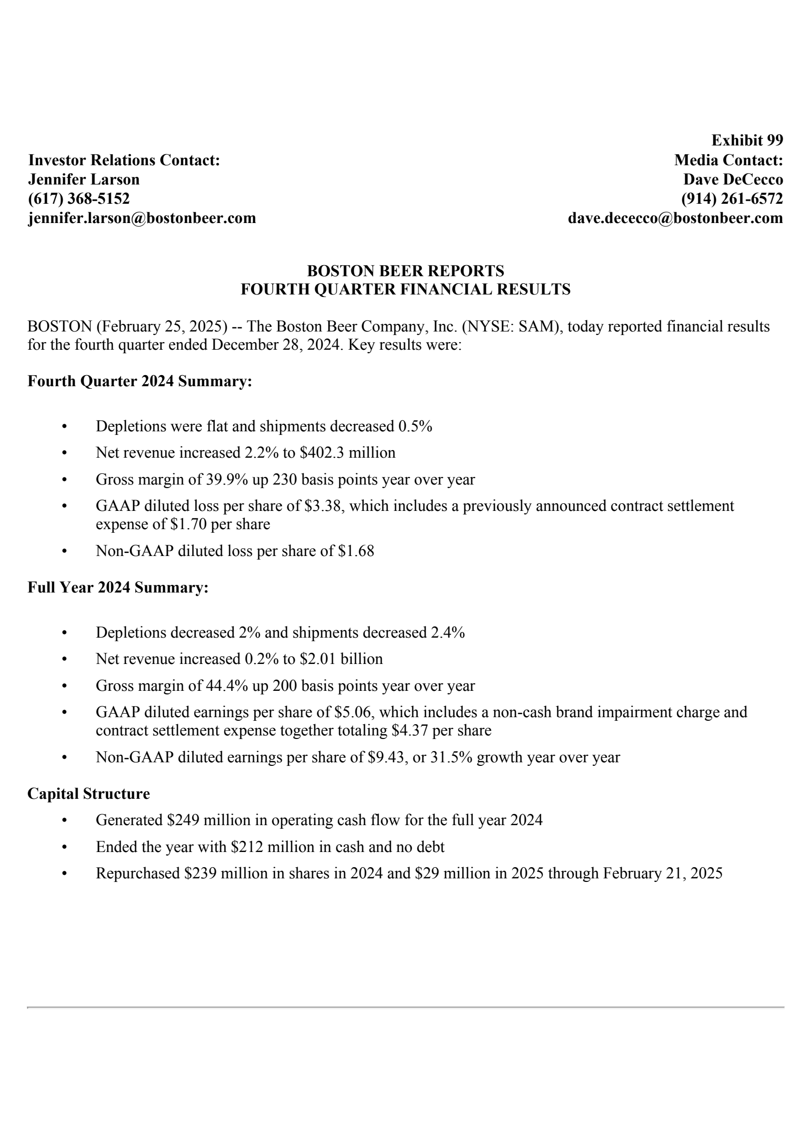 Boston Beer's Q4 2024 Press Release