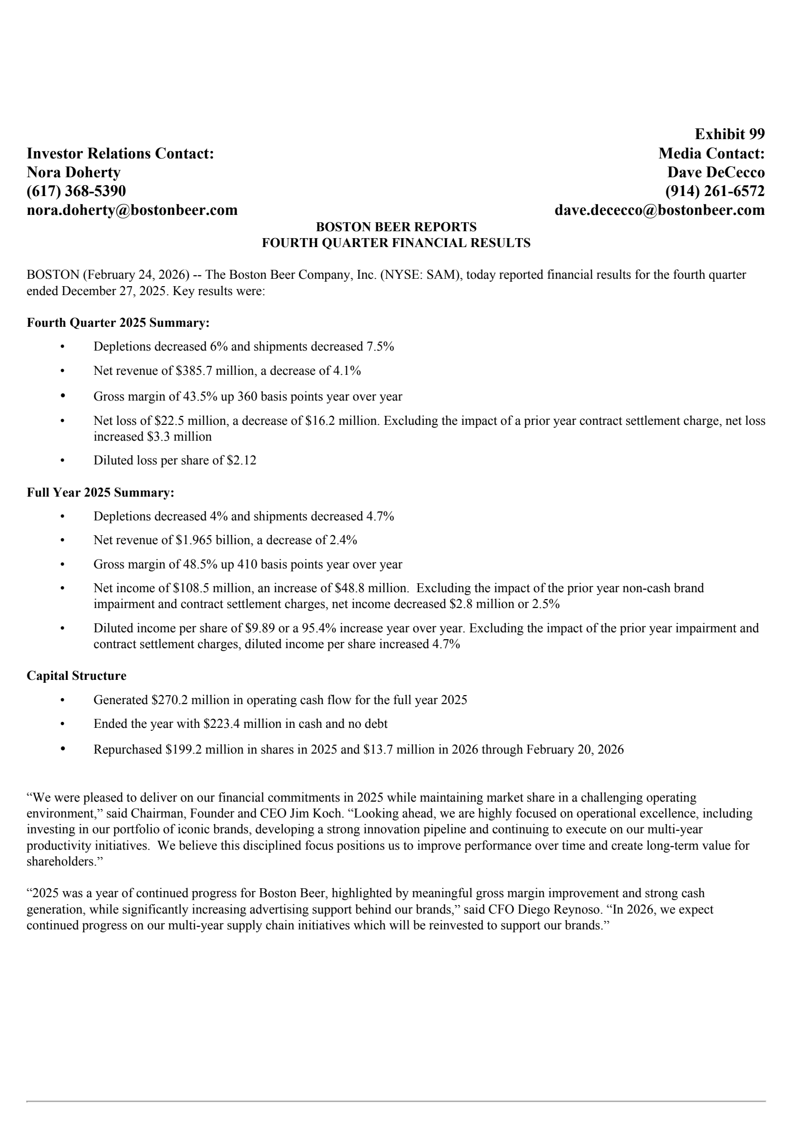 Boston Beer's Q4 2025 Press Release