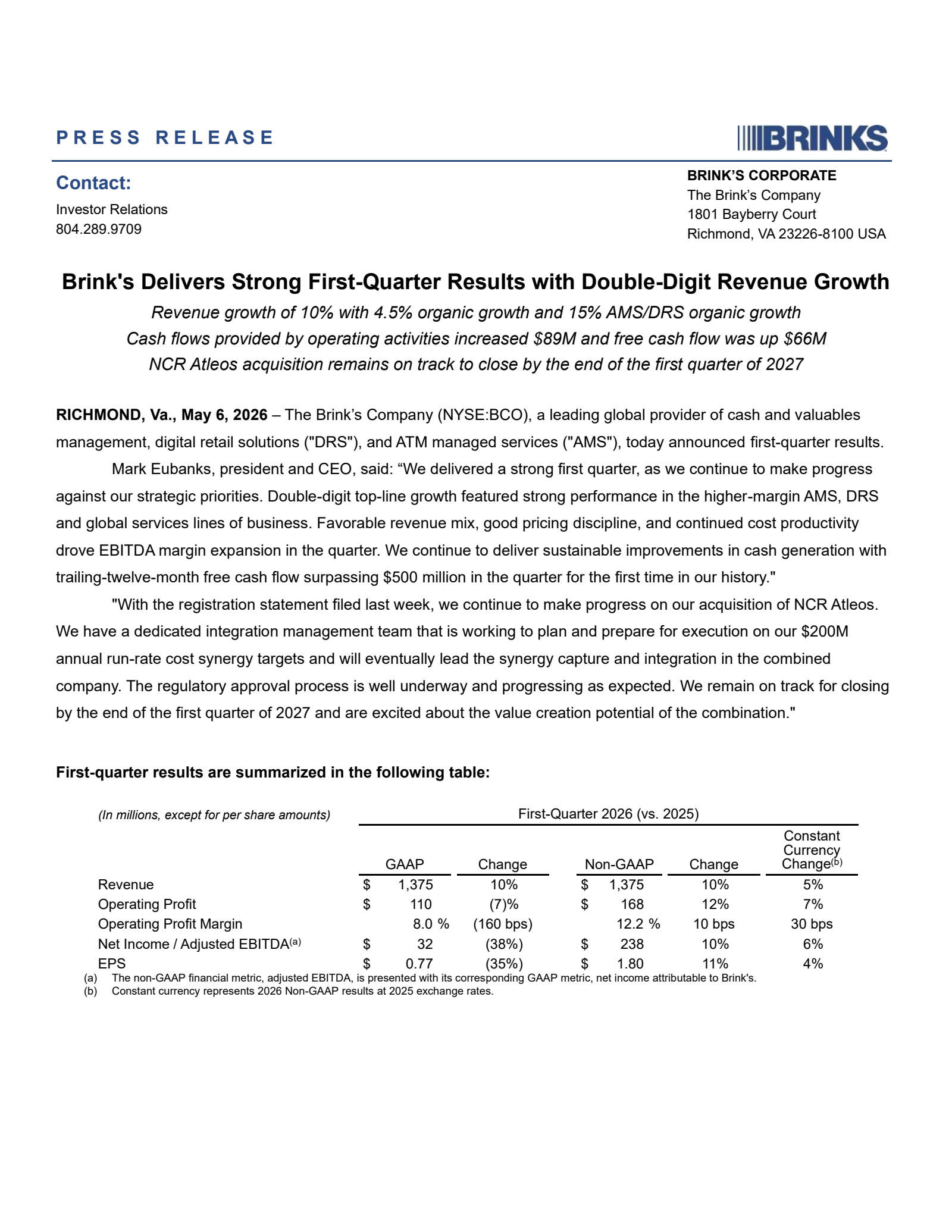 Brink's' Q1 2026 Press Release