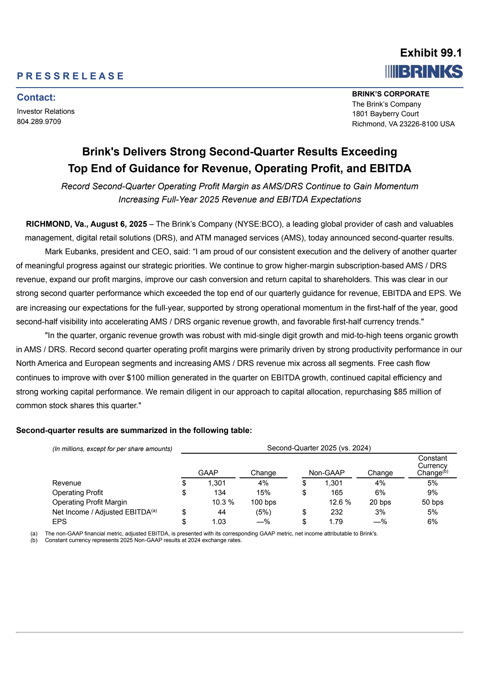 Brink's' Q2 2025 Press Release