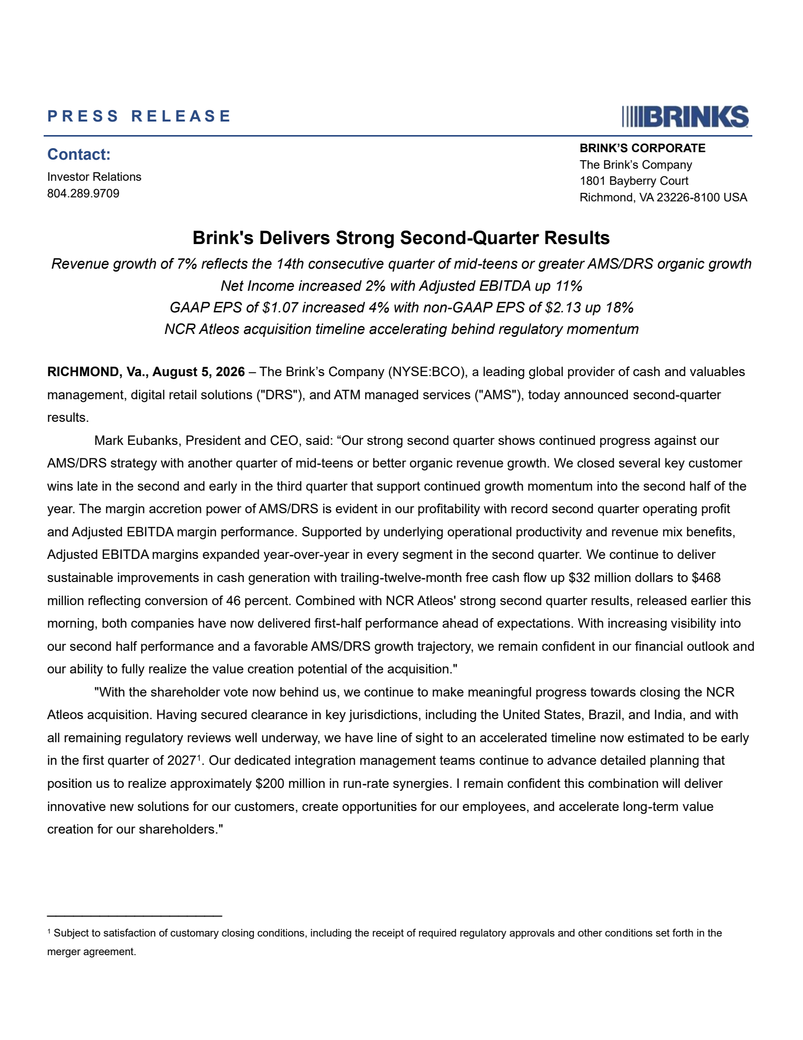 Brink's' Q2 2026 Press Release