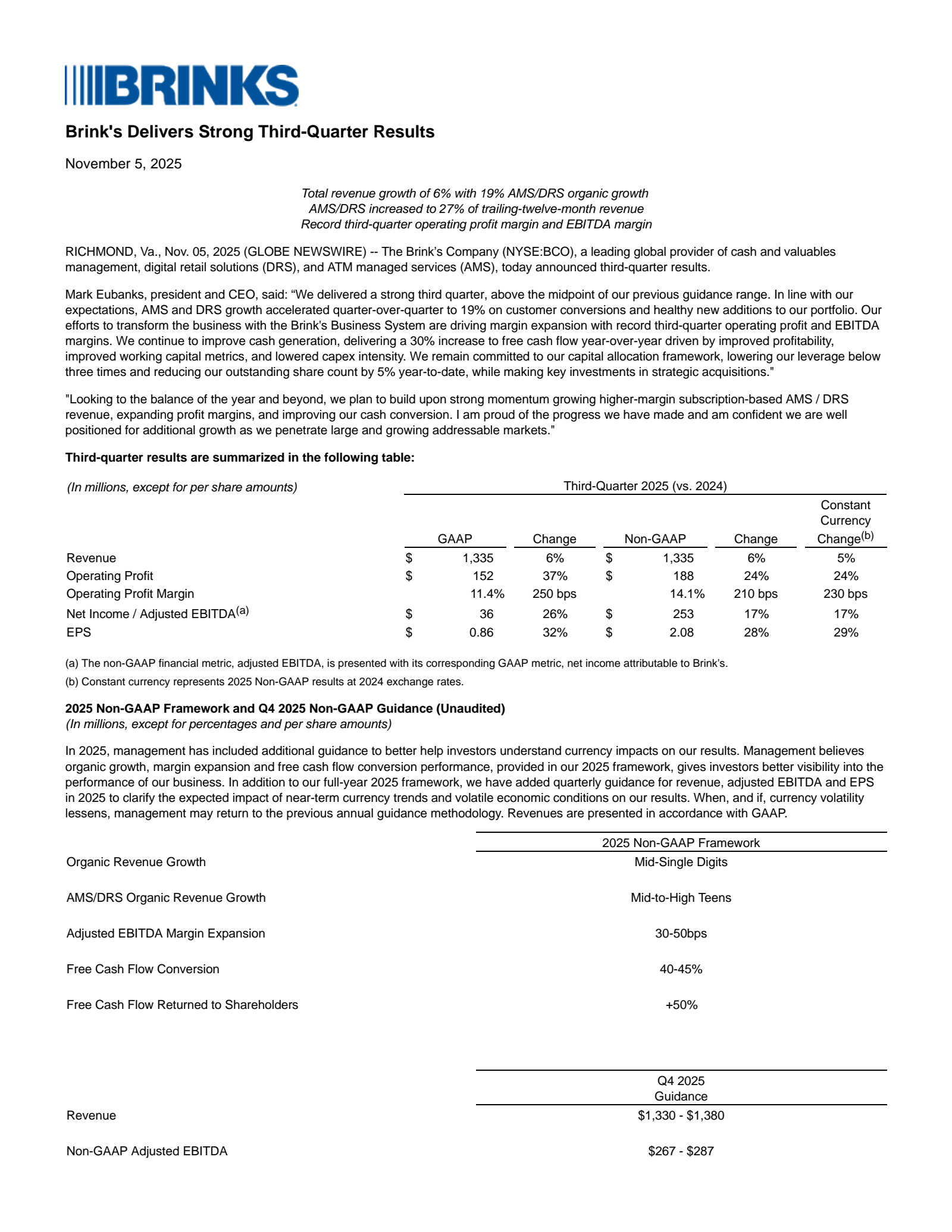 Brink's' Q3 2025 Earnings Release