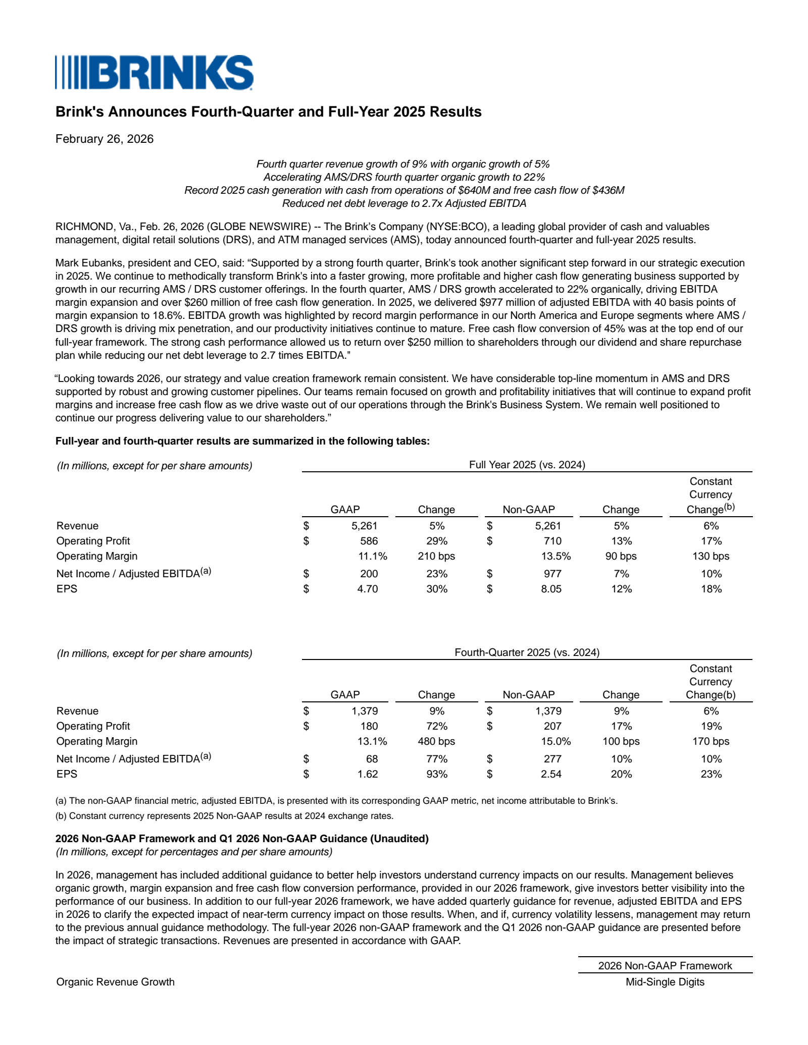 Brink's' Q4 2025 Press Release