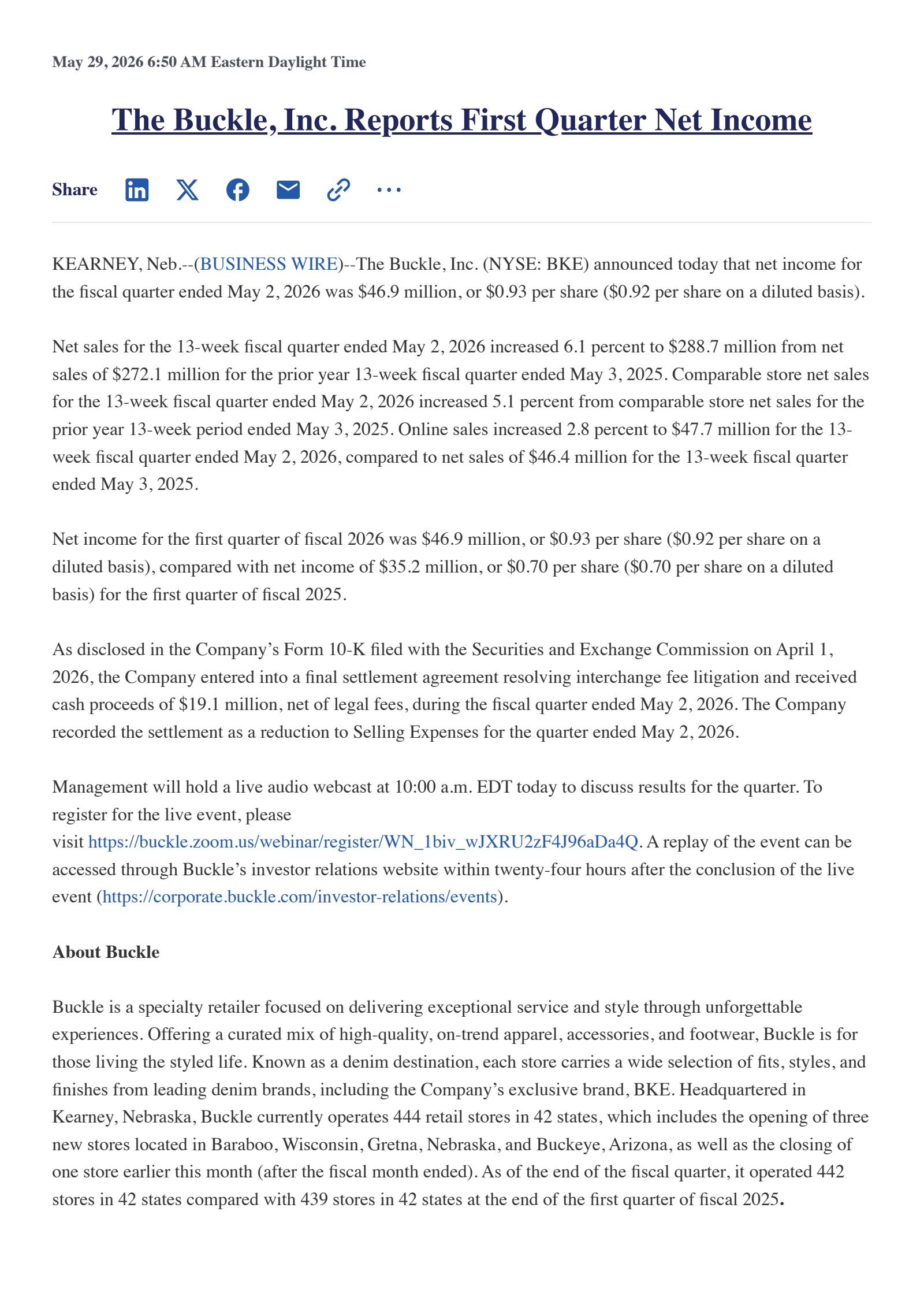 Buckle's Q1 2027 Press Release