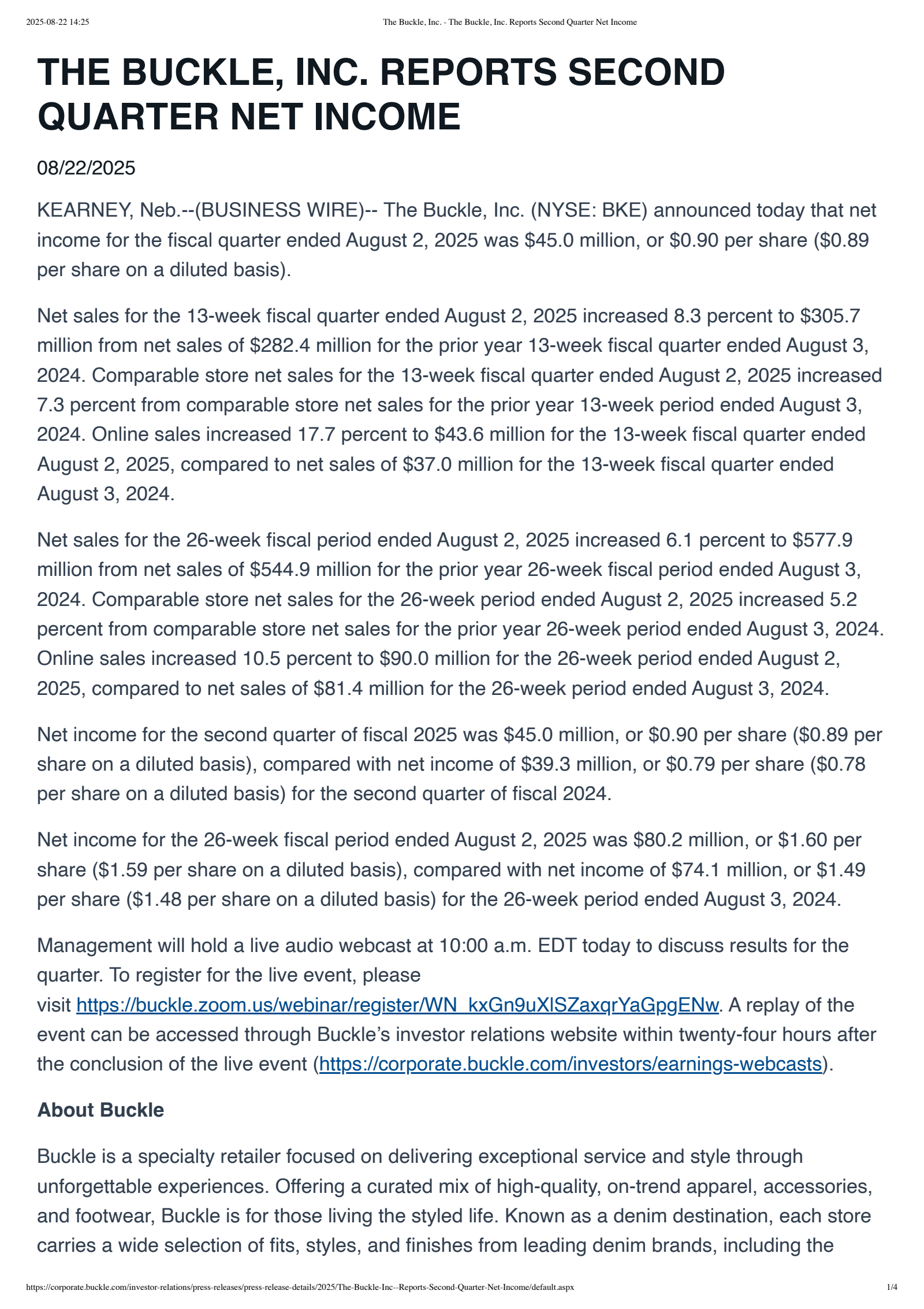 Buckle's Q2 2026 Press Release
