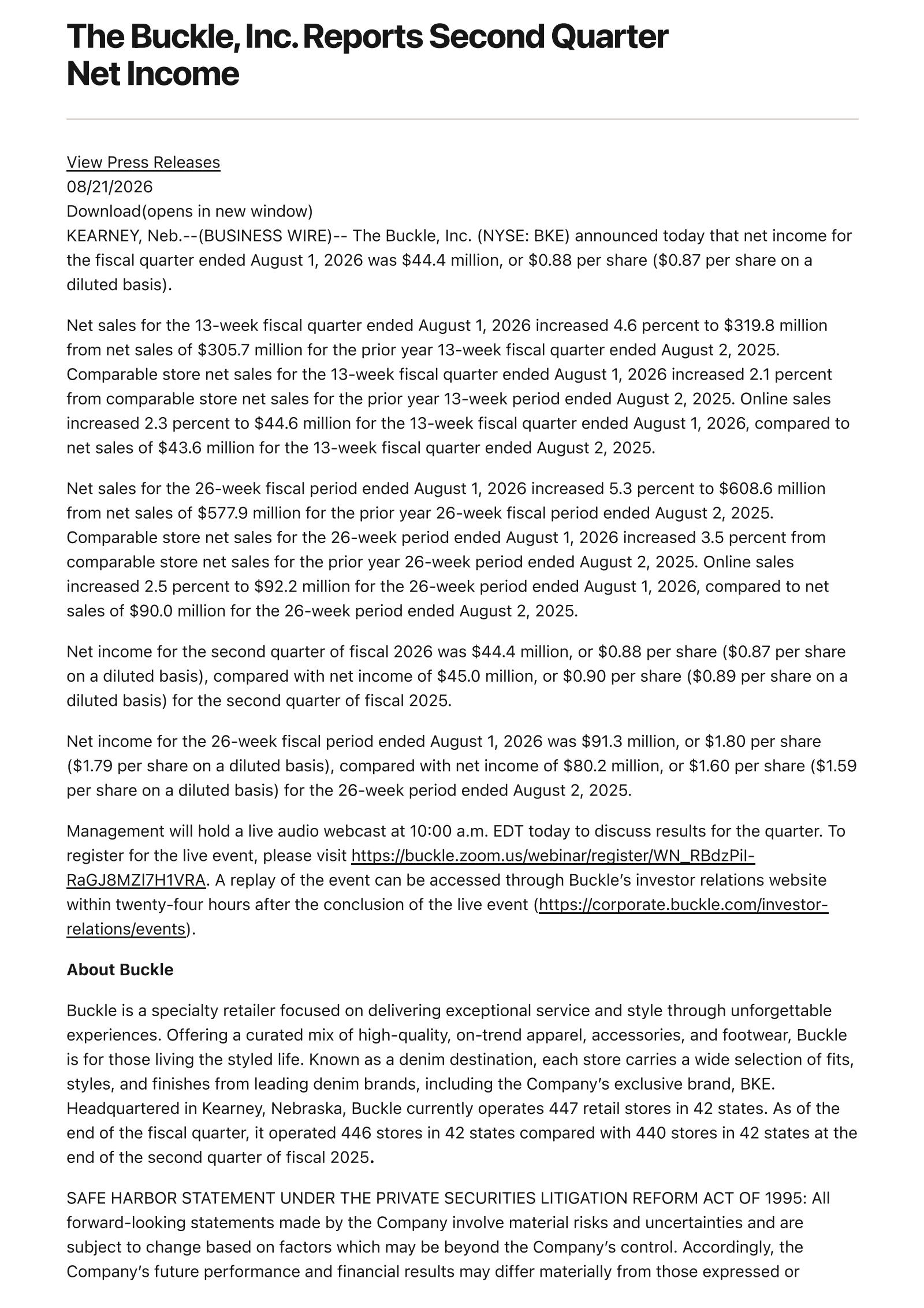 Buckle's Q2 2027 Press Release