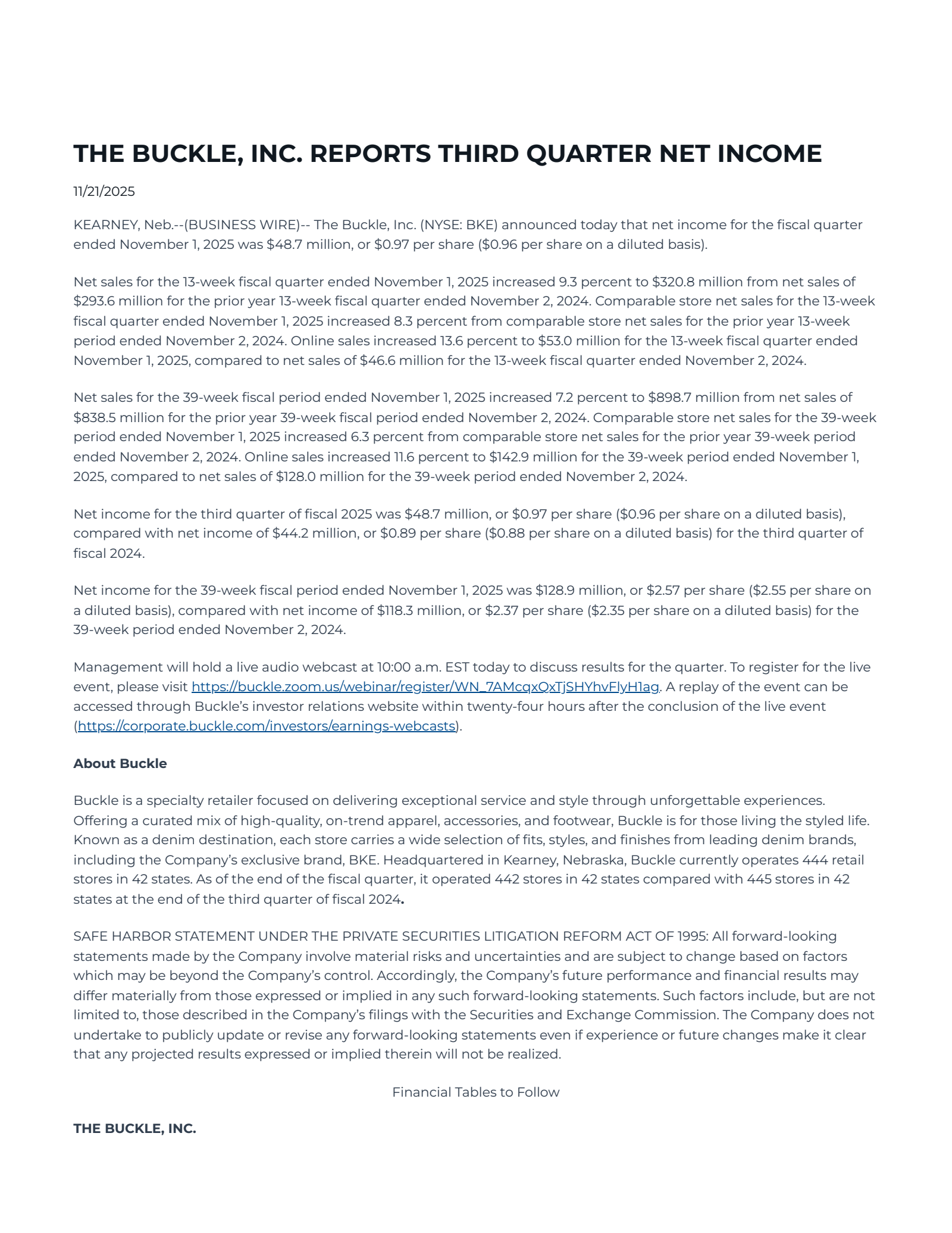 Buckle's Q3 2026 Earnings Release