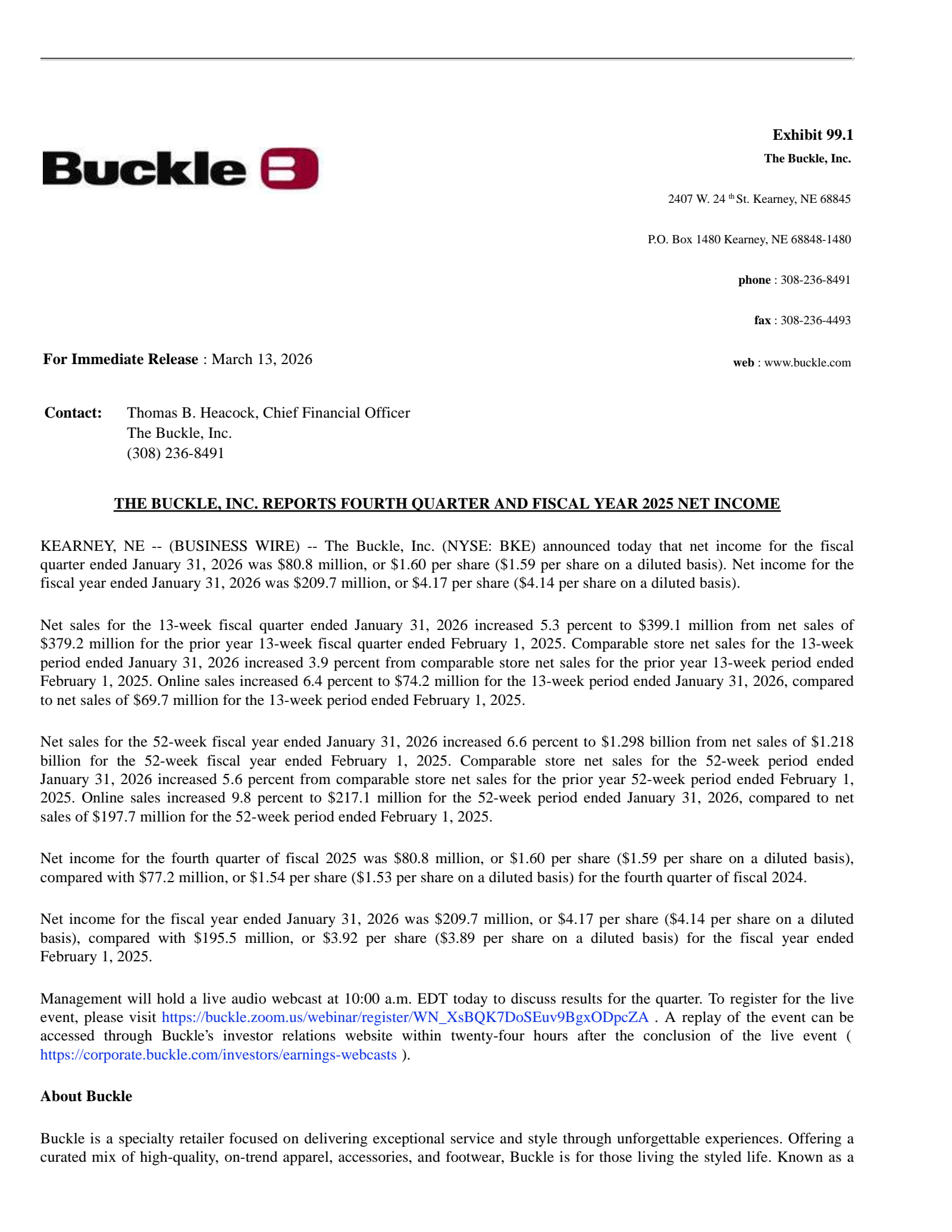 Buckle's Q4 2026 Press Release