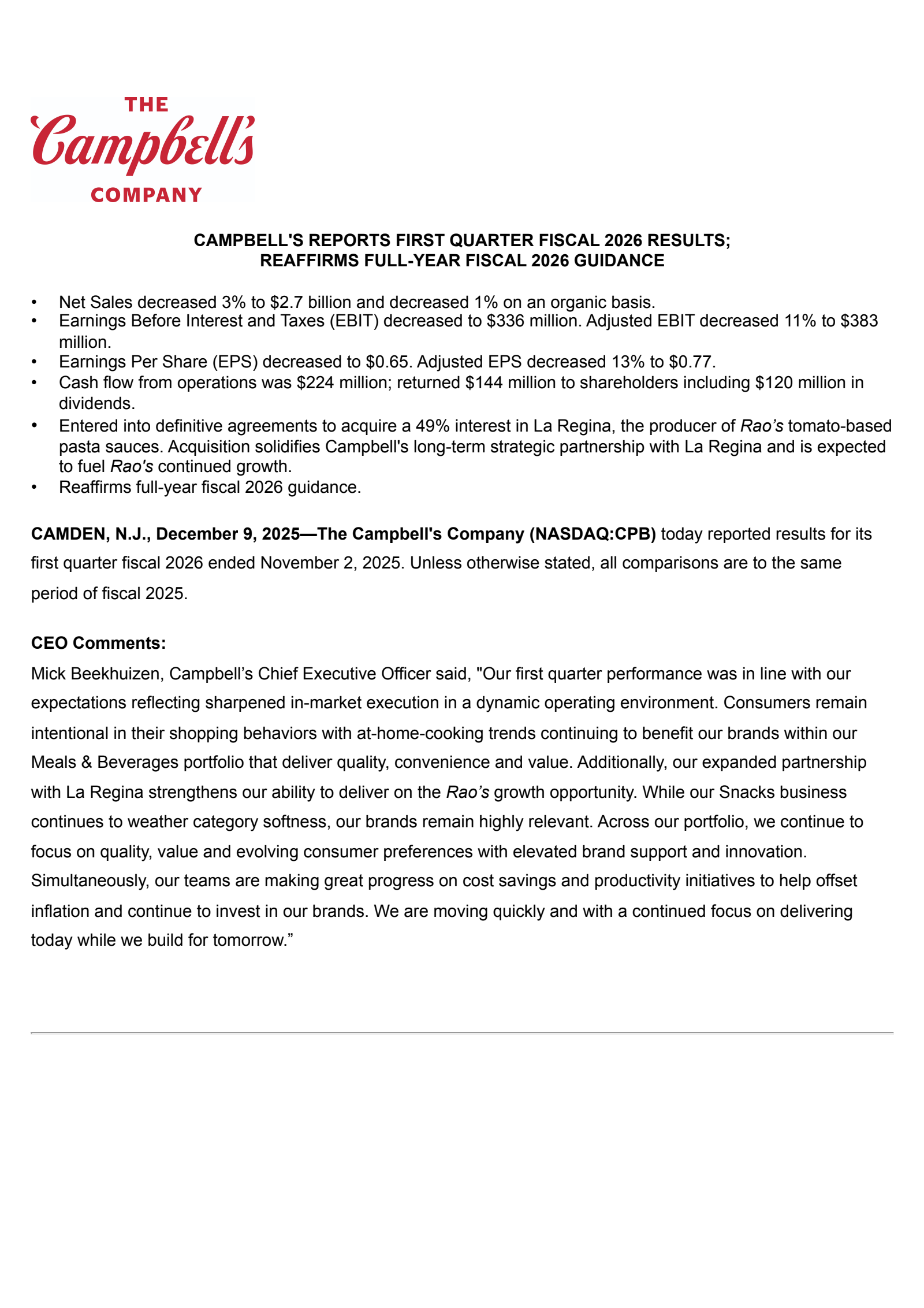Campbell's' Q1 2026 Earnings Release